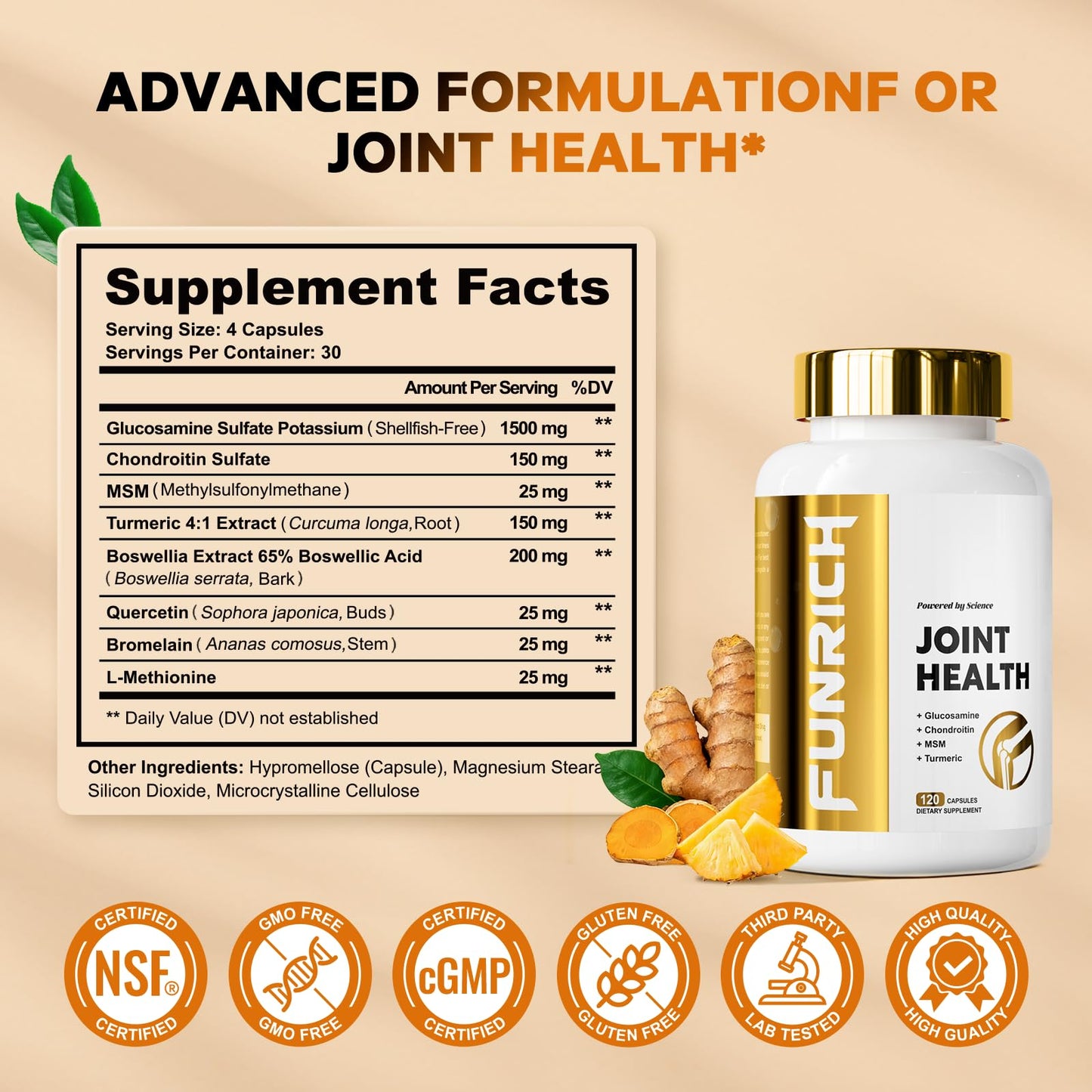 FUNRICH Glucosamine Chondroitin MSM 2100mg Joint Support Supplement with Turmeric & Boswellia Capsules 120