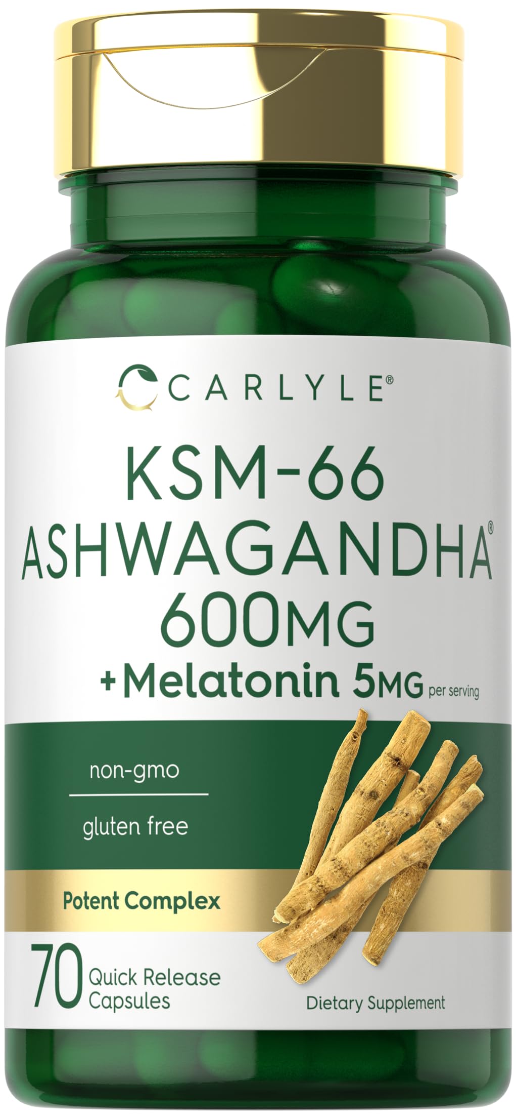 Carlyle KSM-66 Ashwagandha Capsules 600mg with Melatonin 5mg Potent Complex Non-GMO Gluten Free, 70 Count