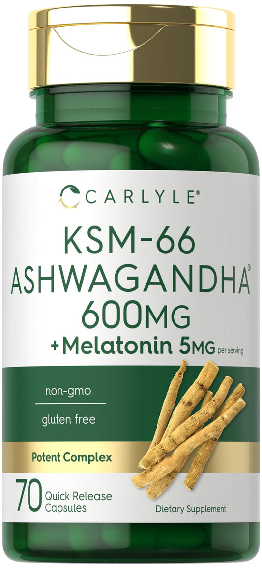 Carlyle KSM-66 Ashwagandha Capsules 600mg with Melatonin 5mg Potent Complex Non-GMO Gluten Free, 70 Count