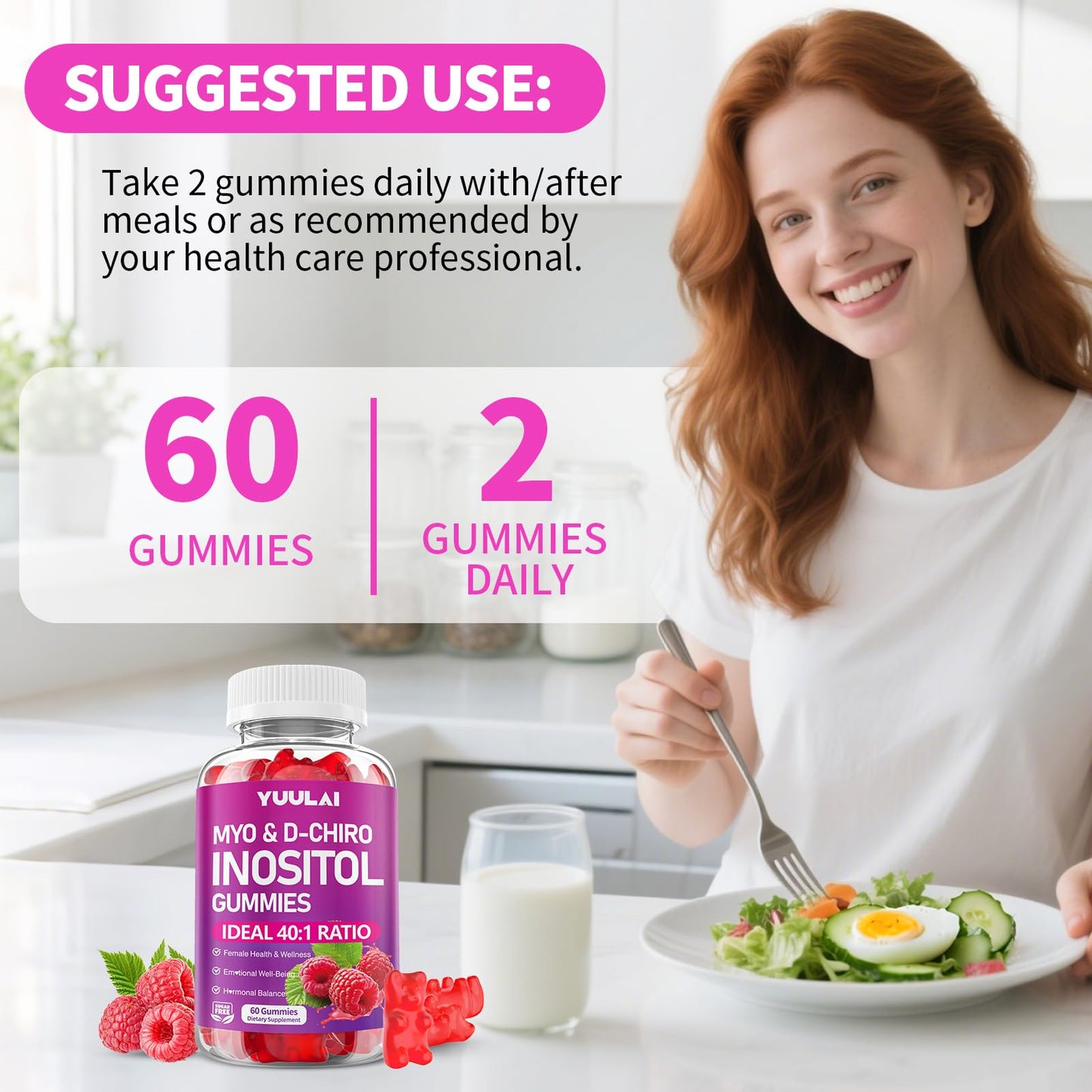 YUULAI Myo-Inositol & D-Chiro Inositol Gummies, 40:1 Ratio Inositol Supplement with Vitamin D3, Magnesium Glycinate, Folate & Zinc, Raspberry Flavor, 60 Count