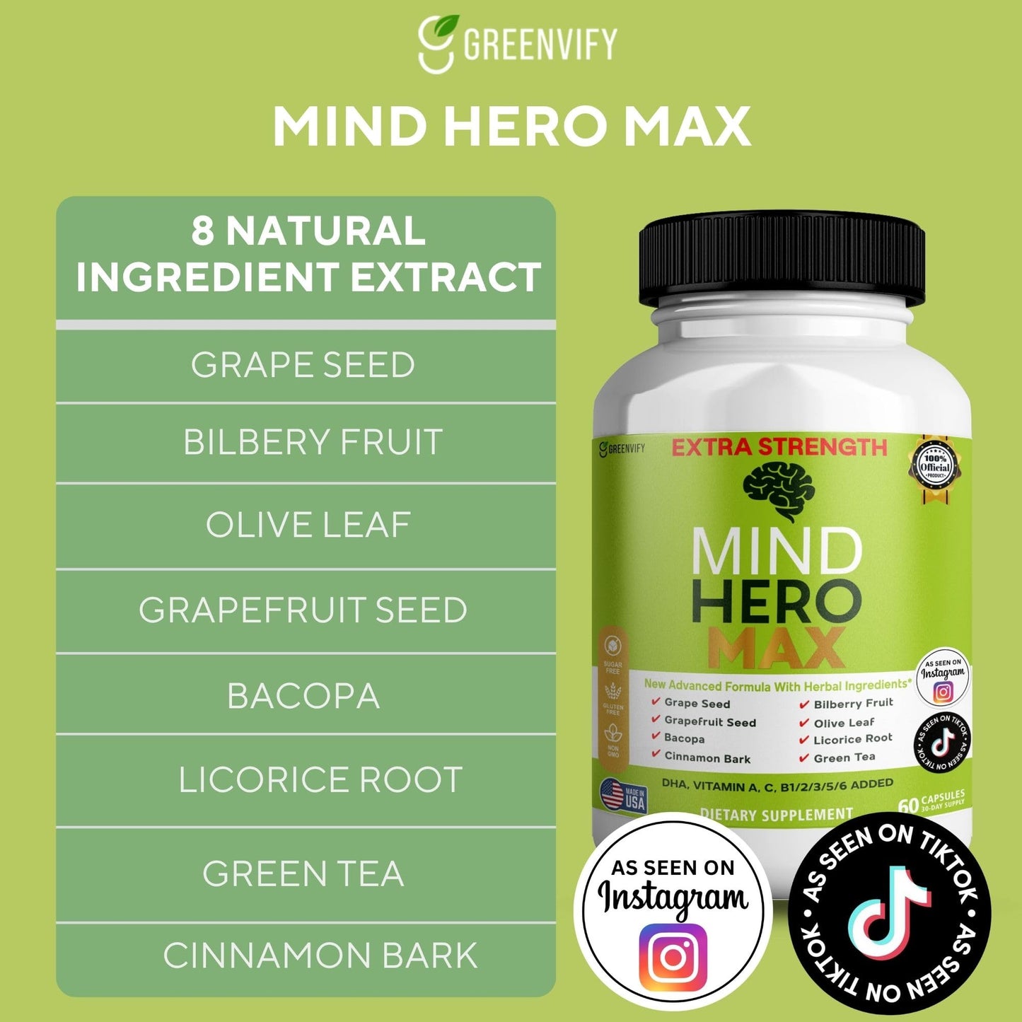 GREENVIFY Mind Hero Max Extra Strength Nootropic Supplement with Herbal Ingredients Capsules, 60 Count