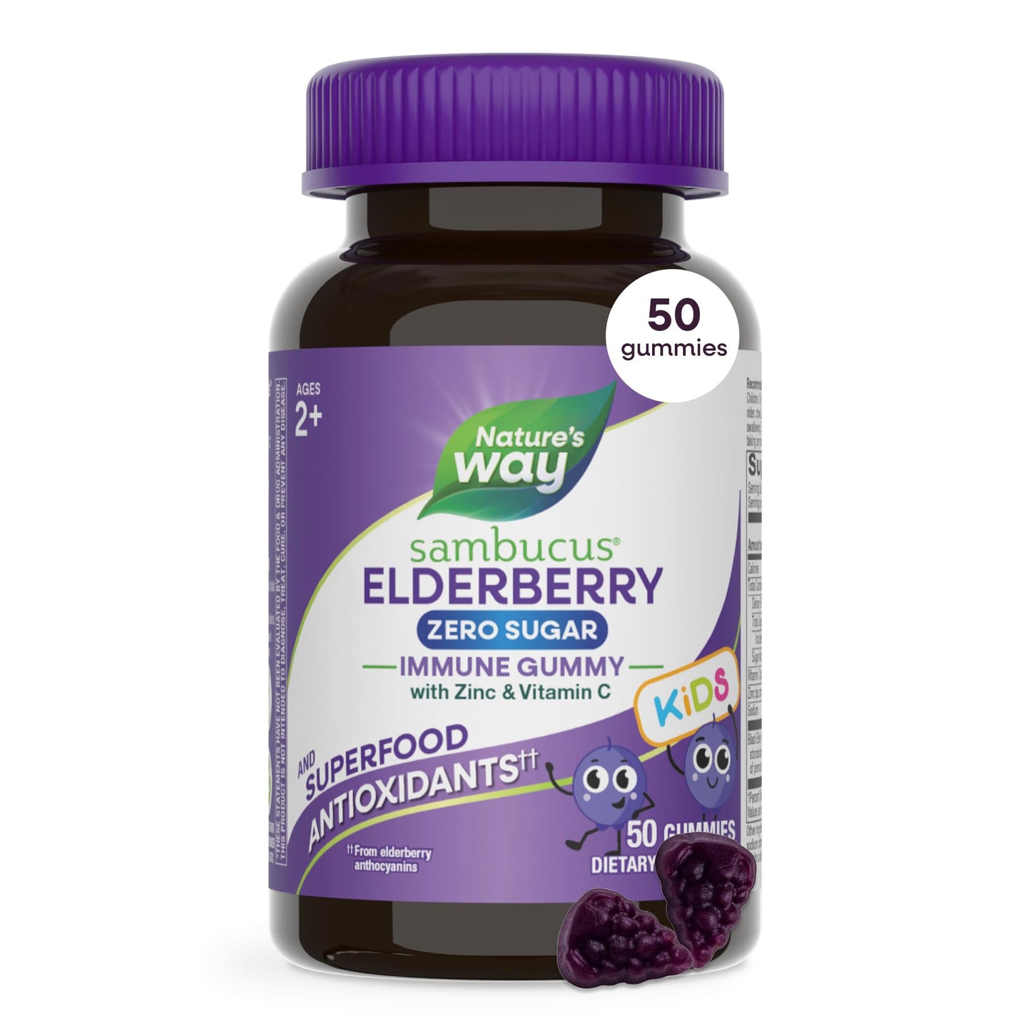 Nature's Way Sambucus Kids Zero Sugar Elderberry Immune Gummies, 50 Count