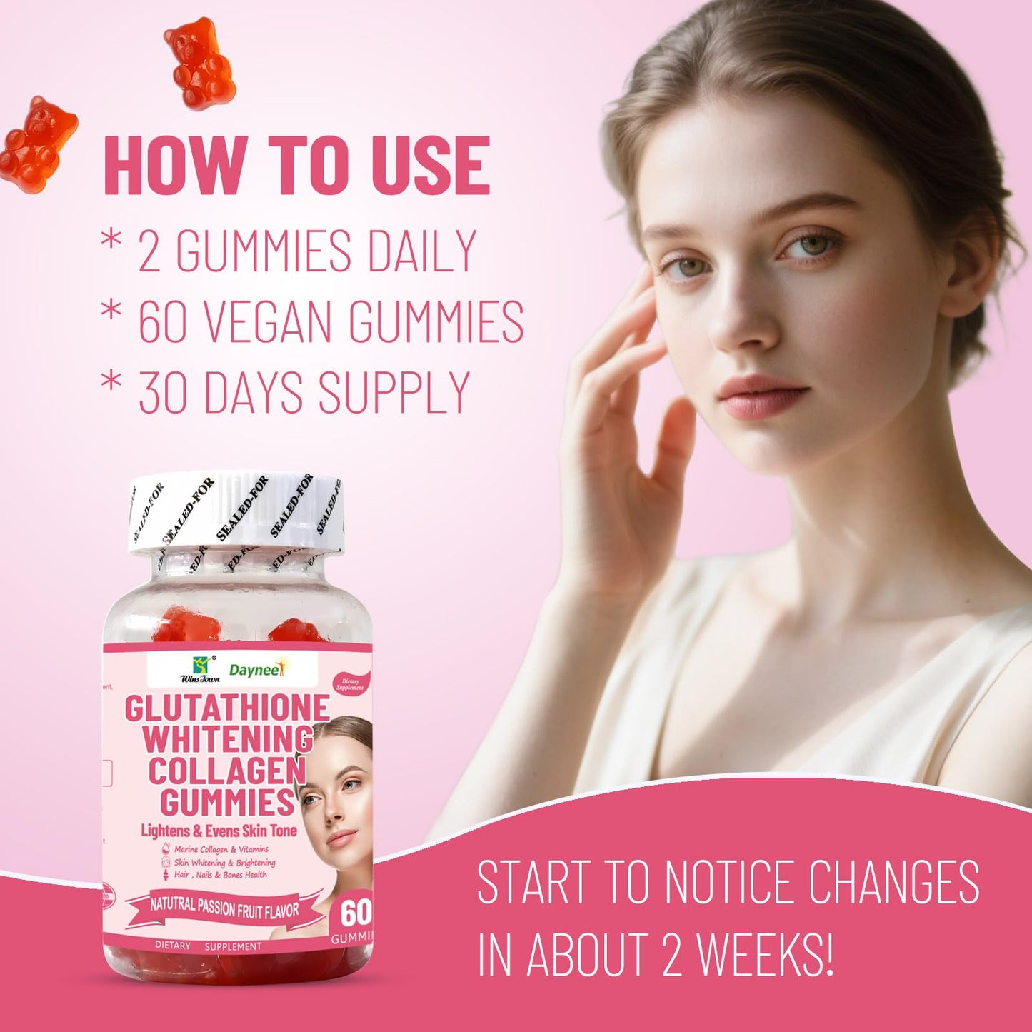 Wins Town Glutathione Whitening Collagen Gummies, 60 Count