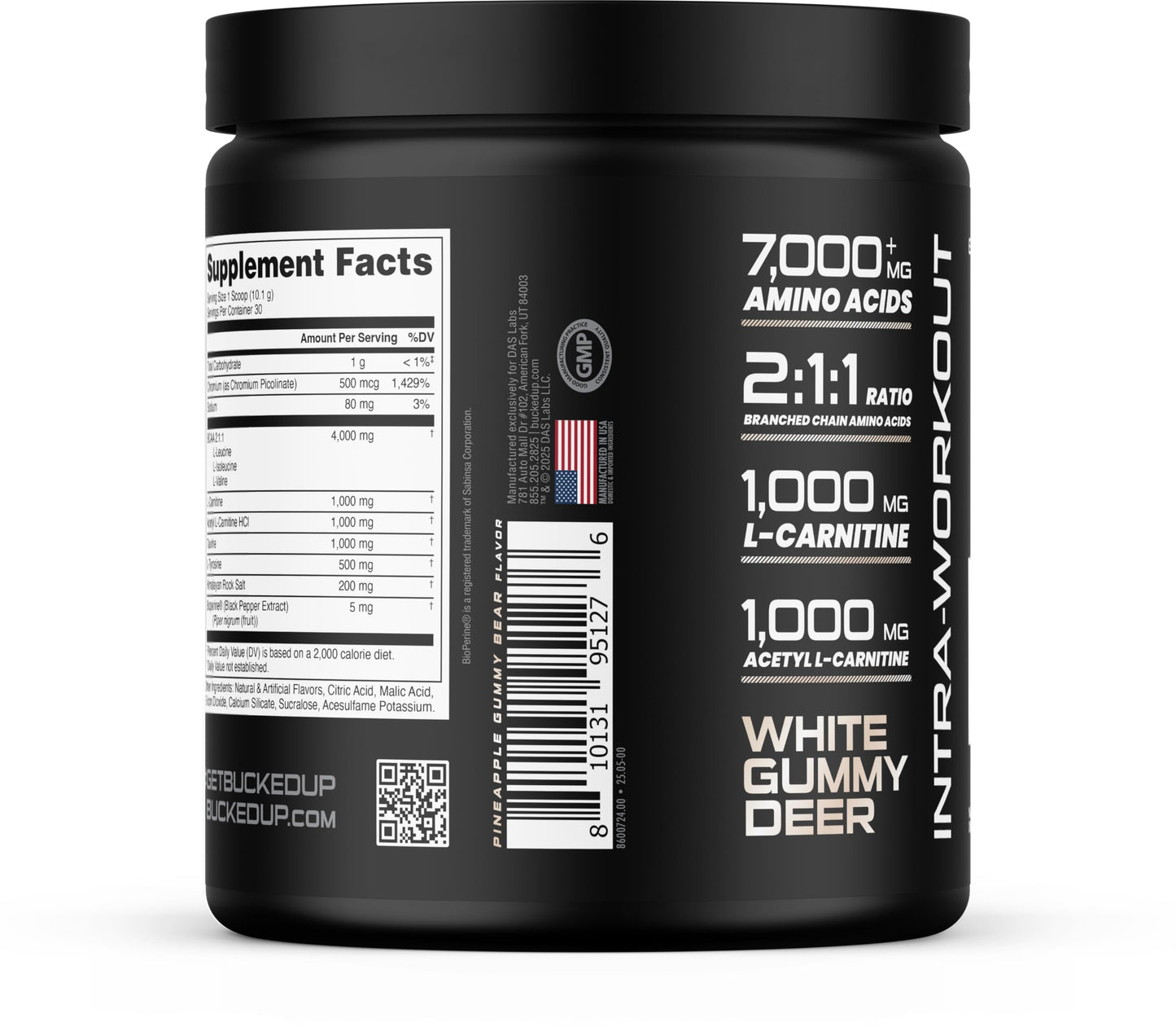Bucked Up Racked White Gummy Deer Intra Workout BCAA 2-1-1 Formula with L-Carnitine Acetyl-L-Carnitine Taurine and L-Tyrosine Powder 10.7 Ounces