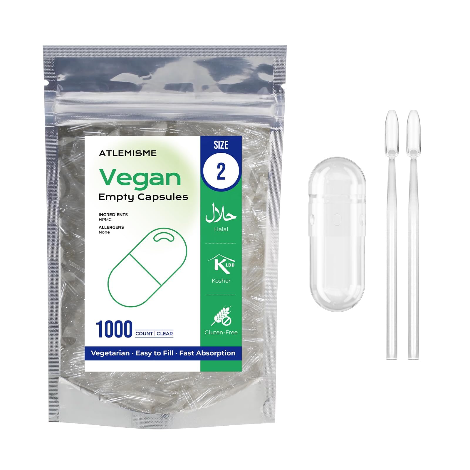 ATLEMISME Empty Vegan Capsules Size 2, 1000-Count Capsules