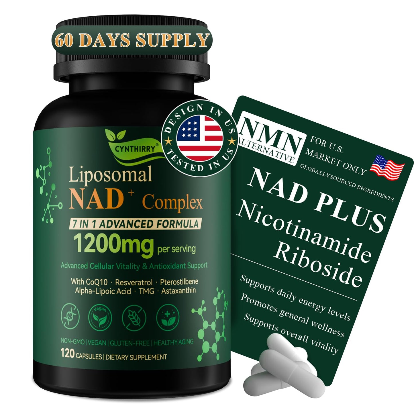 Cynthirry Liposomal NAD+ Supplement with Resveratrol & CoQ10 Capsules, 120 Count