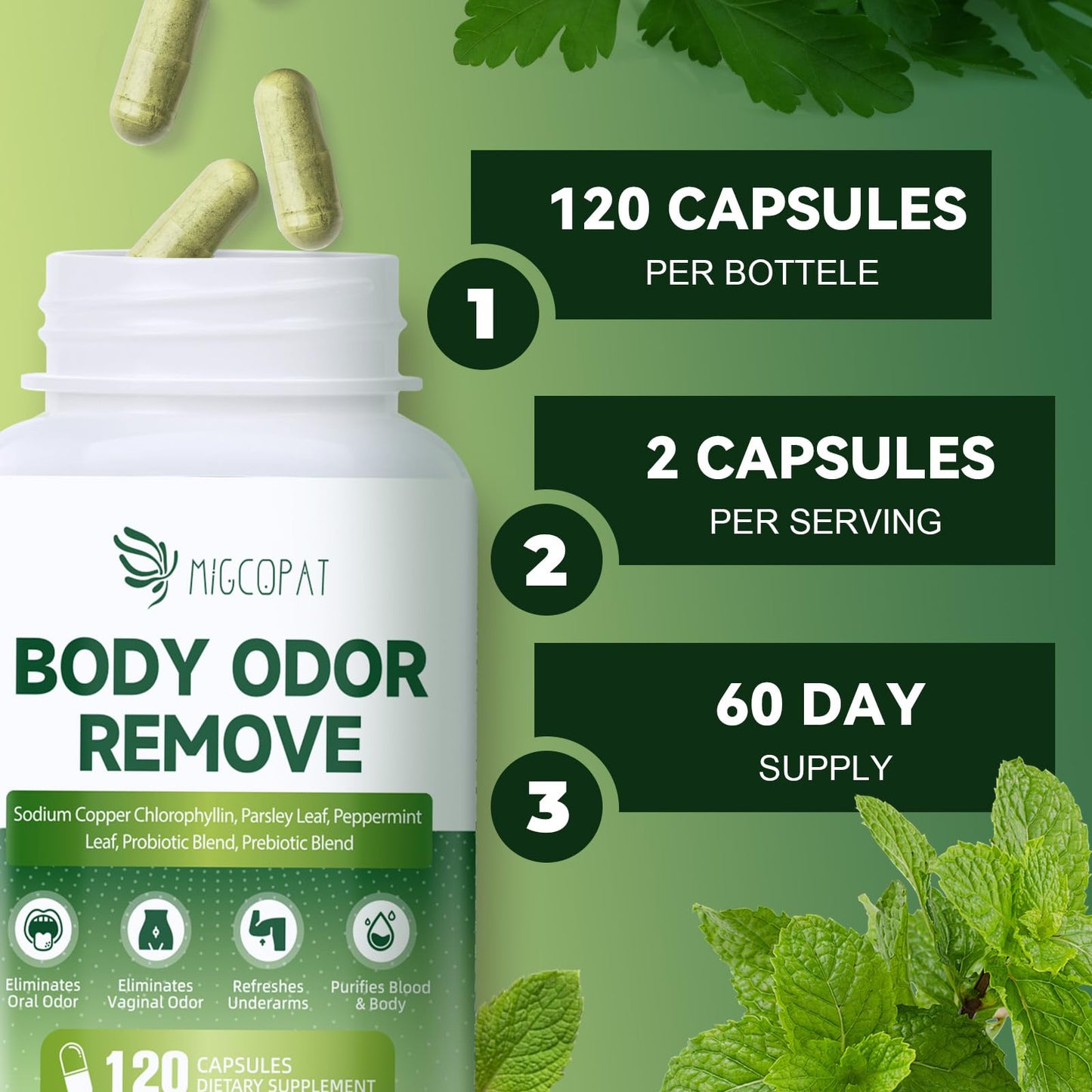 Migcopat Chlorophyll Body Deodorizing Supplement with 10 Billion CFU Probiotic, Vitamin C & E, Parsley, Peppermint, Green Tea, Prebiotics - Chlorophyll Capsules, 120 Capsules