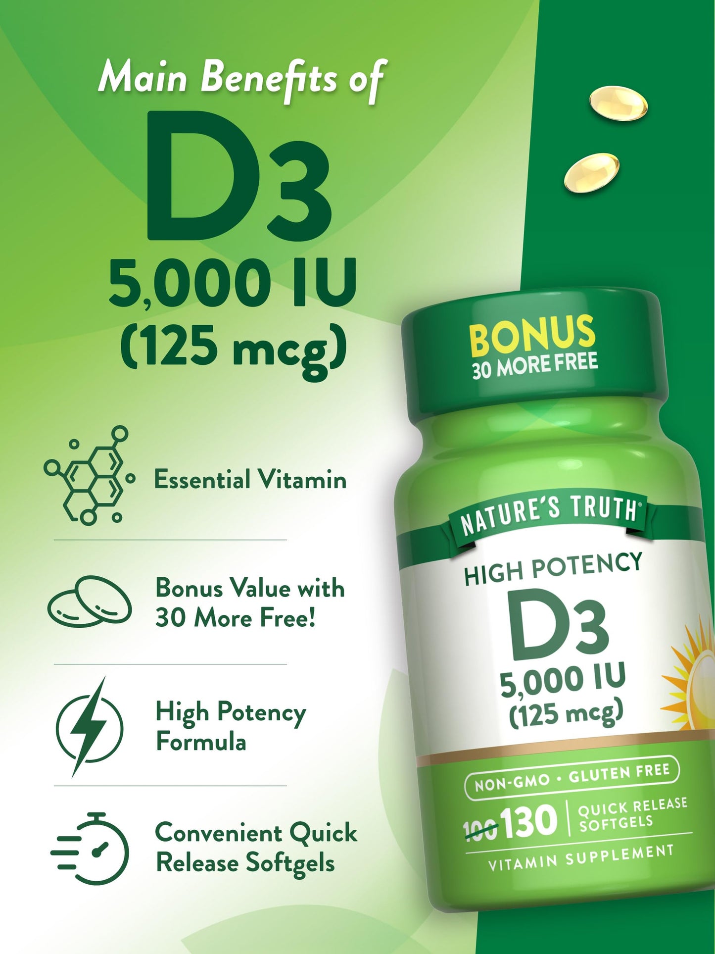 Nature's Truth Vitamin D3 5000 IU Softgel 130 Count