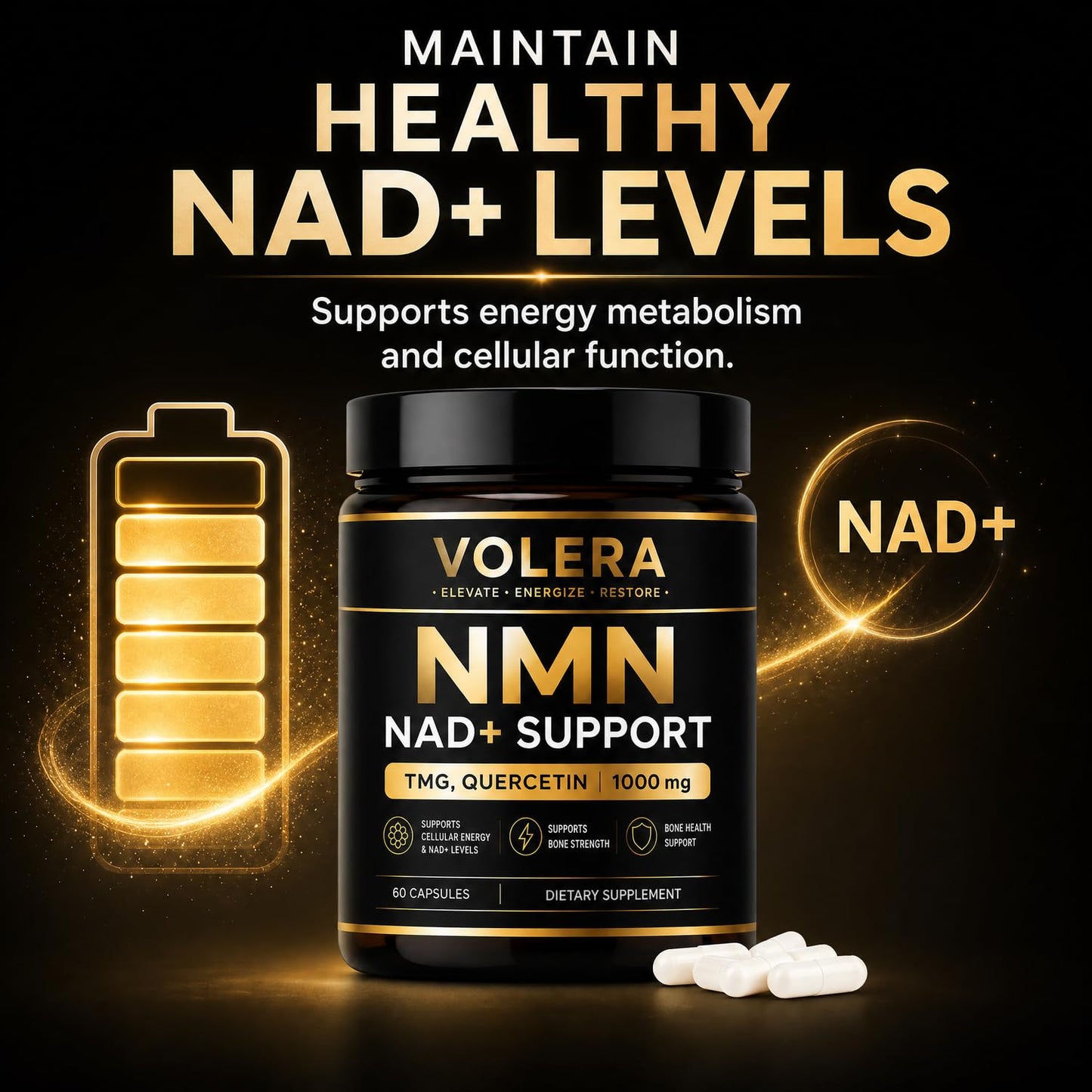Zurith Volera NMN Bone Complex with TMG & Quercetin, 4-in-1 Cellular Energy Support Formula, 60 Capsules