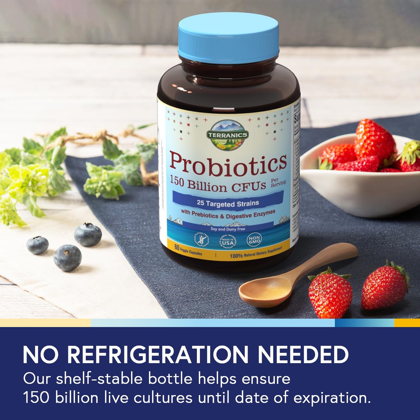 Terranics Daily Probiotics for Men & Women 150 Billion 25 Strains Probiotics with Prebiotics & Enzymes Delayed Release Shelf Stable, 60 Veggie Caps