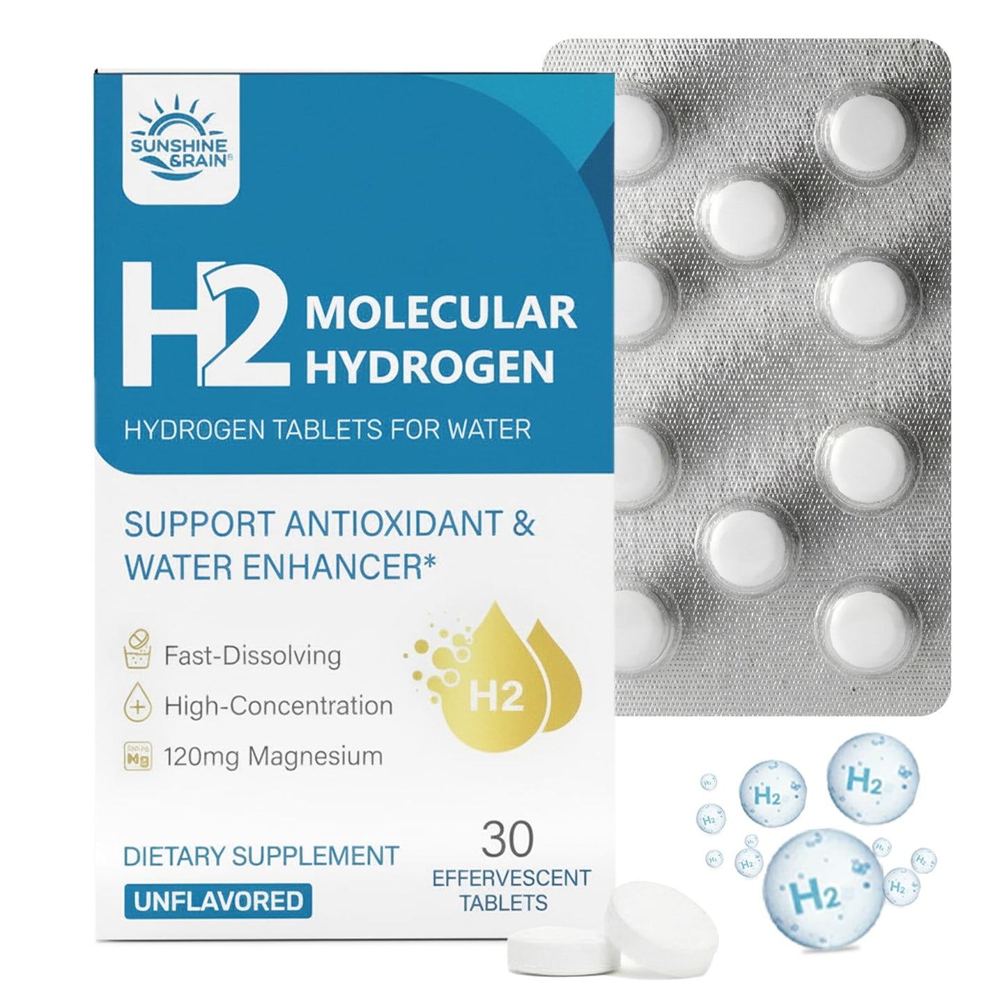 Sunshine & Rain Molecular Hydrogen (H2) Tablets with 120mg Magnesium – 16 PPM Hydrogen Water, Advanced Hydrogen Technology, Antioxidant Support for Cellular Health & Recovery, Unflavored, 30 Tablets