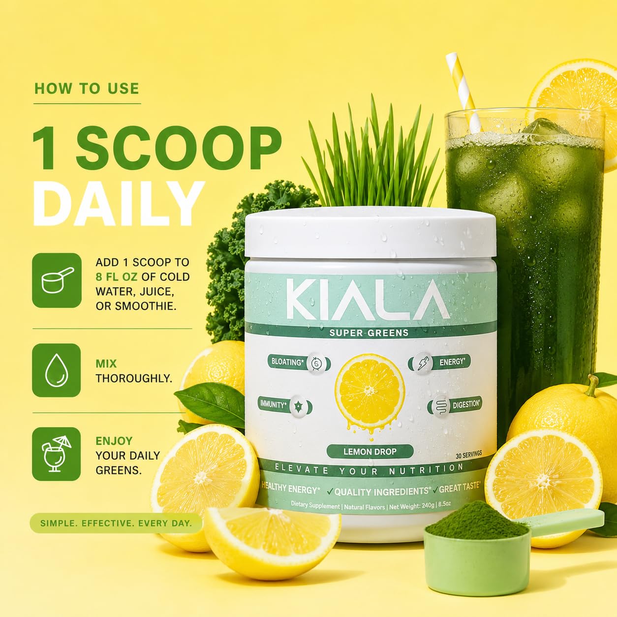 Kiala Nutrition Super Greens Organic Greens Powder with Spirulina & Chlorella, Lemon Drop, 30 Servings