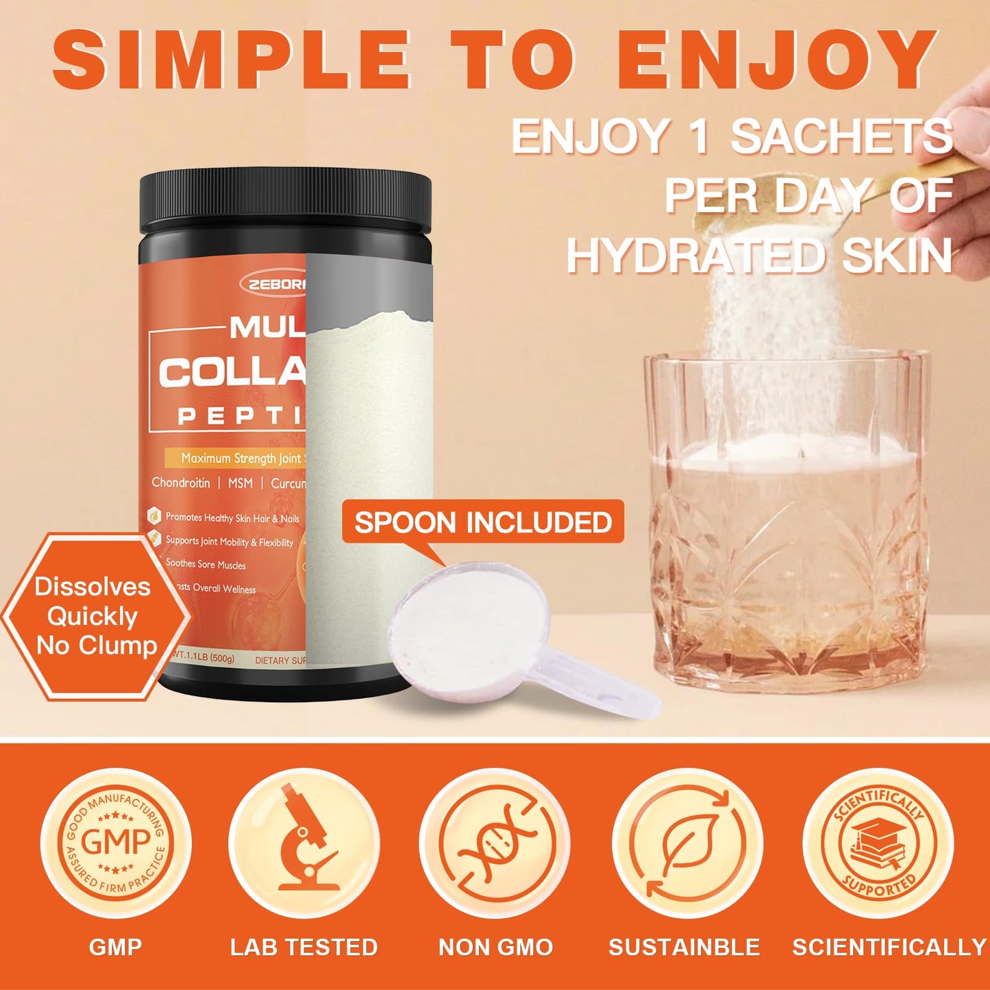 ZEBORA Multi Collagen Peptides Powder with MSM & CS, 1.1 Ounce