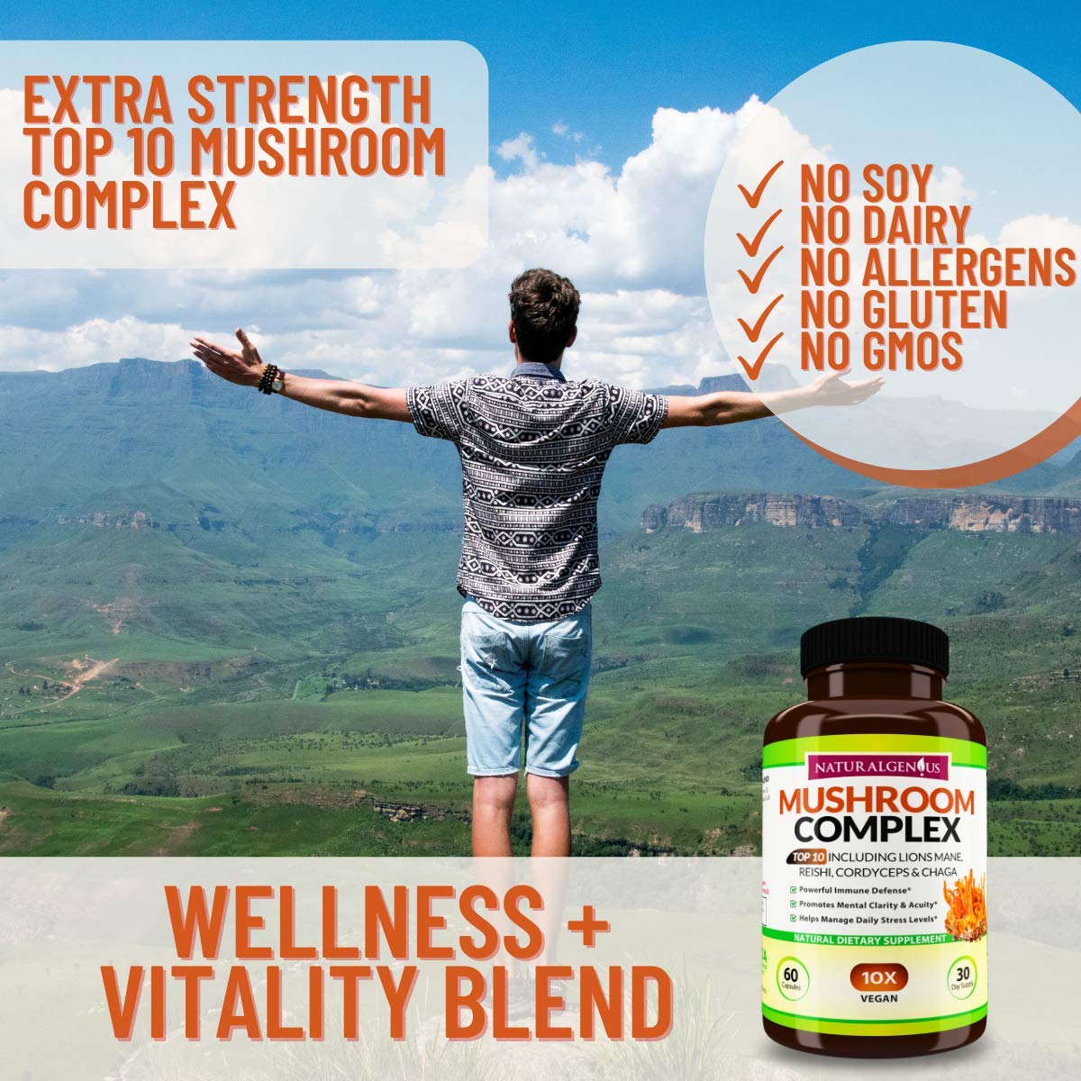 NATURALGENIUS Top 10 Mushroom Extracts - White Button, Lions Mane, Cordyceps, Chaga, Reishi Plus - Immune Booster, Nootropic 60 Capsules
