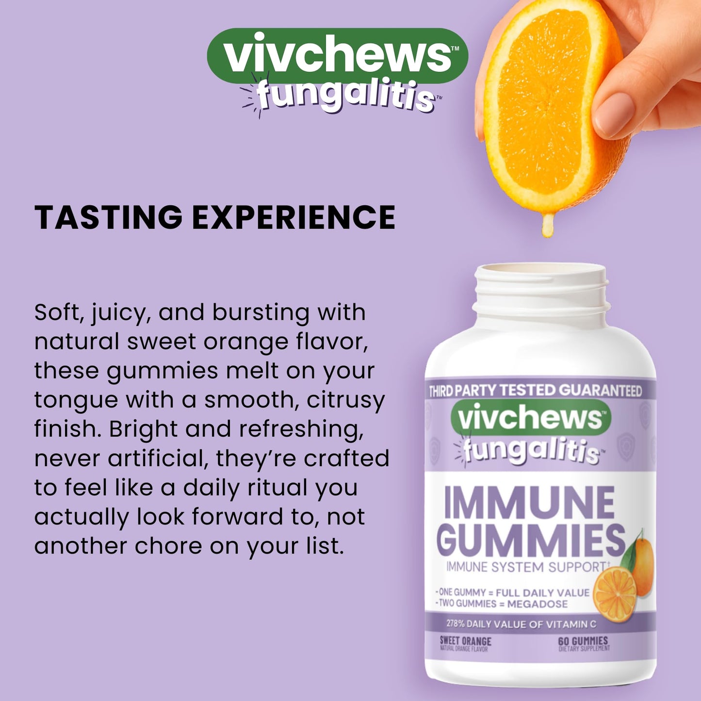 vivchews Immune Gummies Vitamin C 250mg, Non-GMO, Vegan, Natural Sweet Orange Flavor, 60 Gummies
