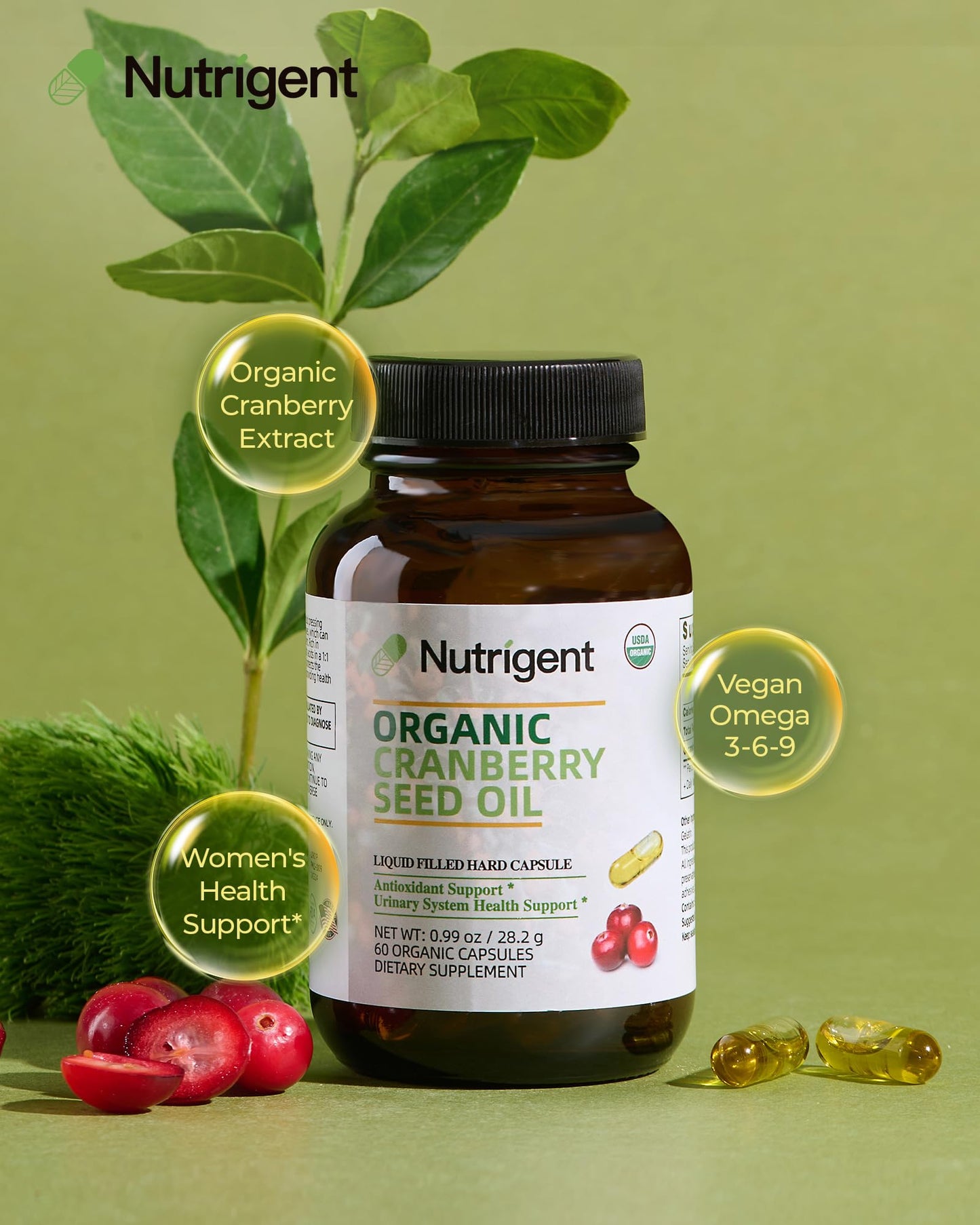 Nutrigent Cranberry Seed Oil 940 mg, Plant Sourced Omega 3-6-9 Fatty Acids, Liquid Organic Capsules, Urinary Health & Skin Health Support, 60 Capsules