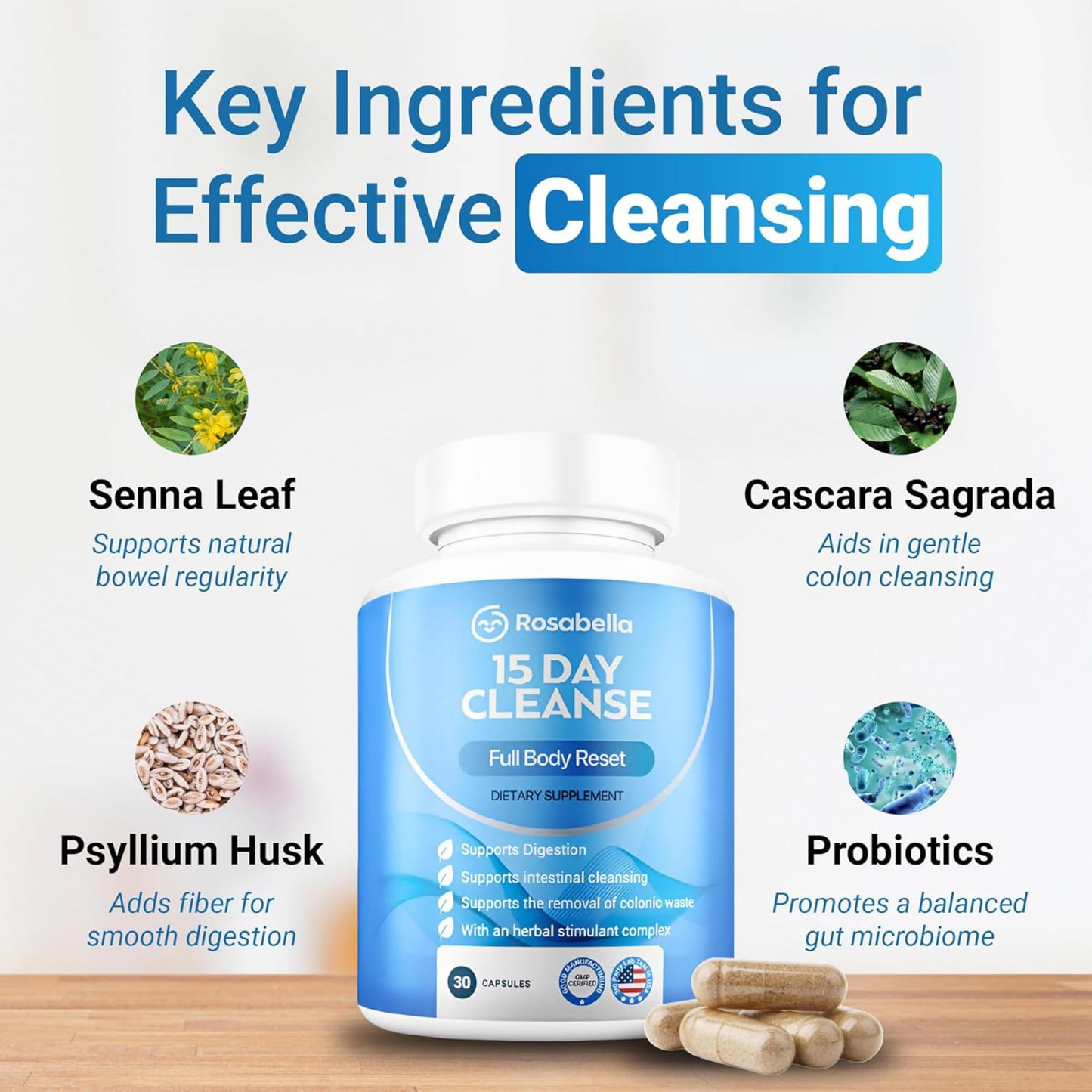 Rosabella 15 Day Cleanse Full Body Detox & Colon Cleanse for Men & Women Detox Capsules for Digestive Health & Bloating Relief, Doctor-Formulated Non-GMO, 30 Count