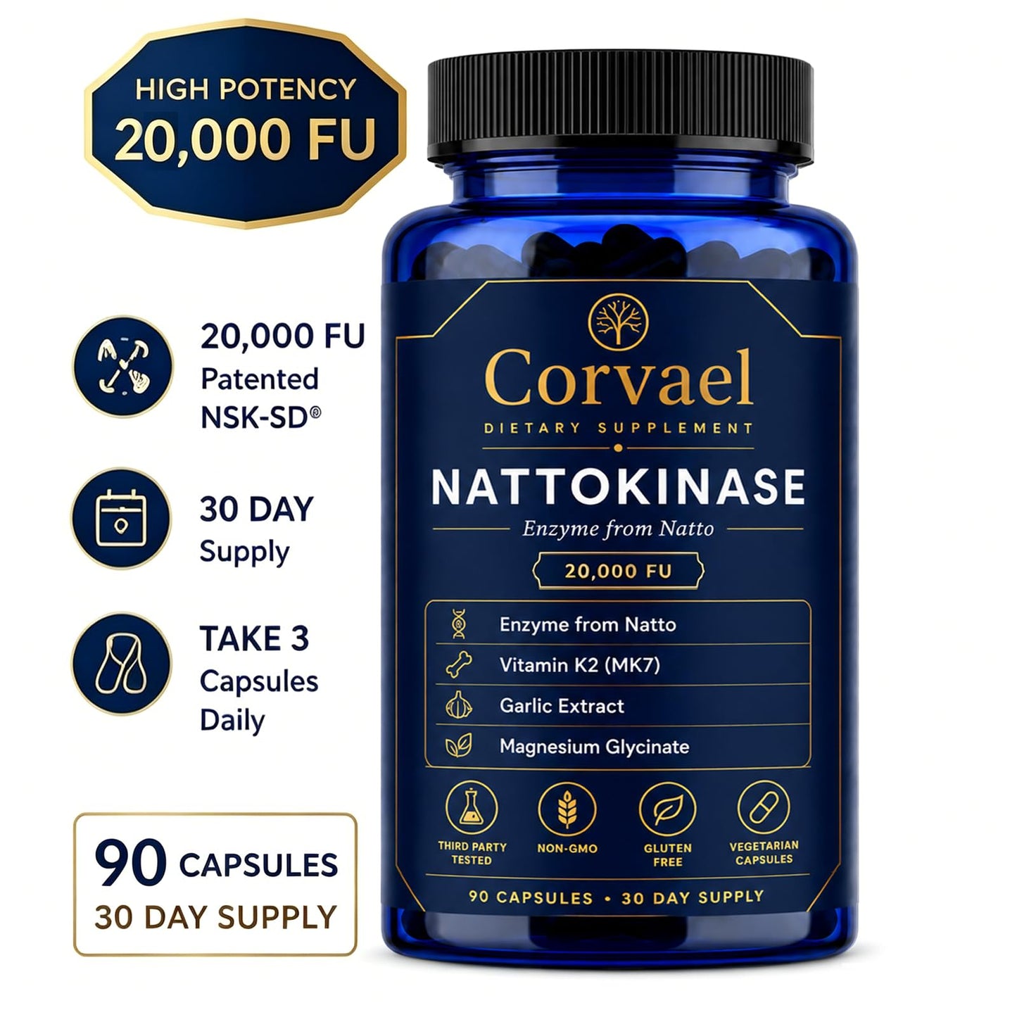 GMDPFHV Corvael Nattokinase Fibrinolytic Complex, Corvael Nattokinase 20000 FU, 91 Capsules