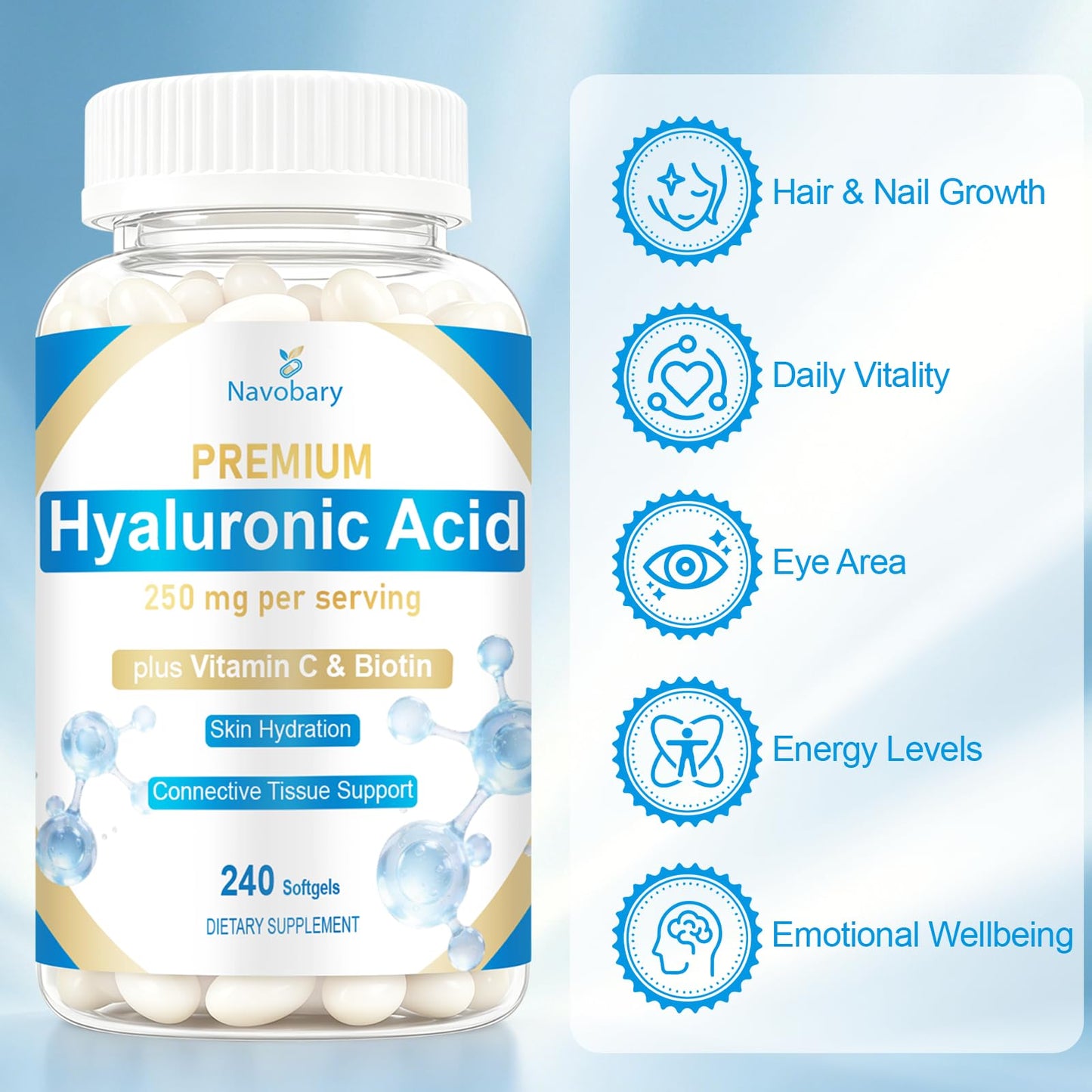 Navobary Hyaluronic Acid 250mg with Biotin 5000mcg & Vitamin C 25mg Softgels, 1 Count