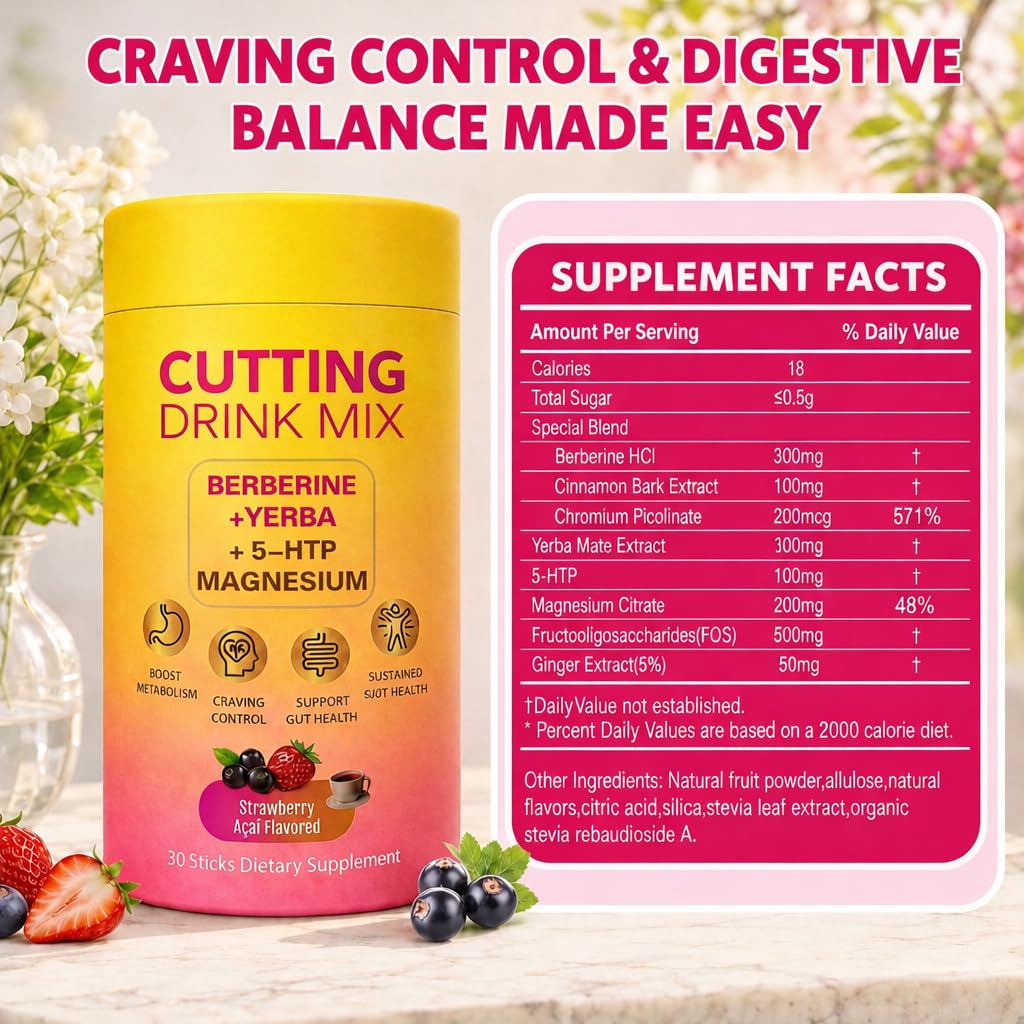 QYGCHUSIN Cutting Drinking Mix Gut Health & Energy with Magnesium, Berberine, 5-HTP, Yerba Mate & FOS Strawberry Acai Flavor Powder 6.35 Ounce