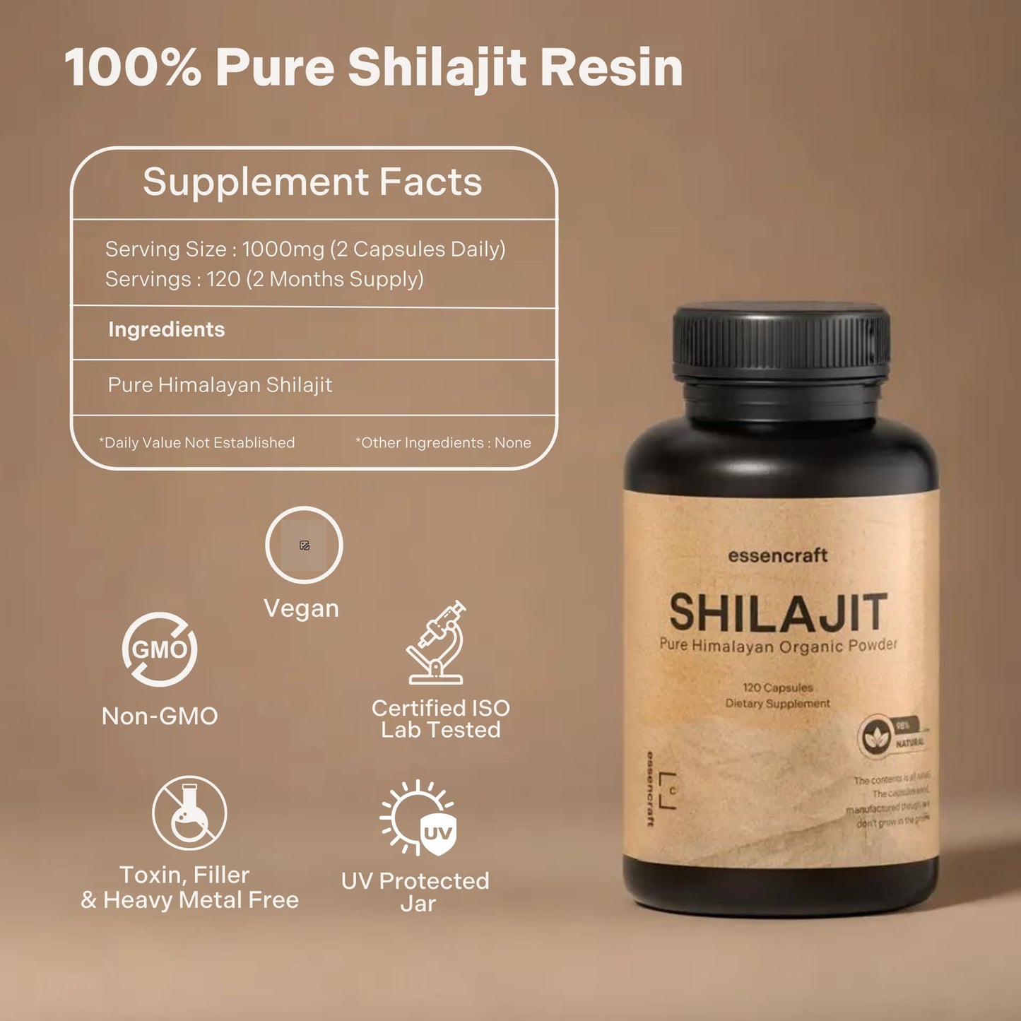 Essencraft Organic Himalayan Shilajit Resin Extract 1000mg Capsules 120 Count