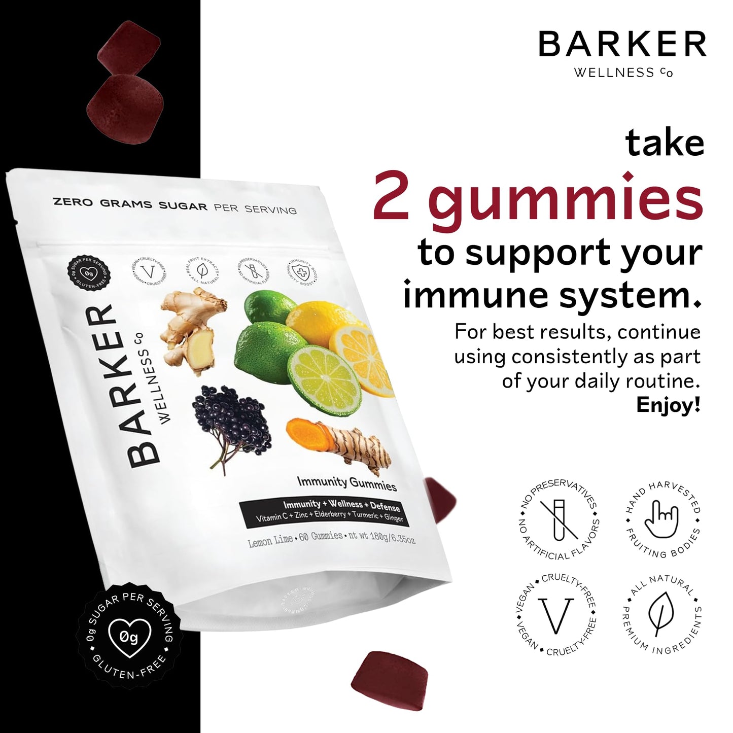 Barker Wellness Co Immunity Gummies with Vitamin C, Zinc, Elderberry, Turmeric & Ginger for Daily Immune Support, 60 Count