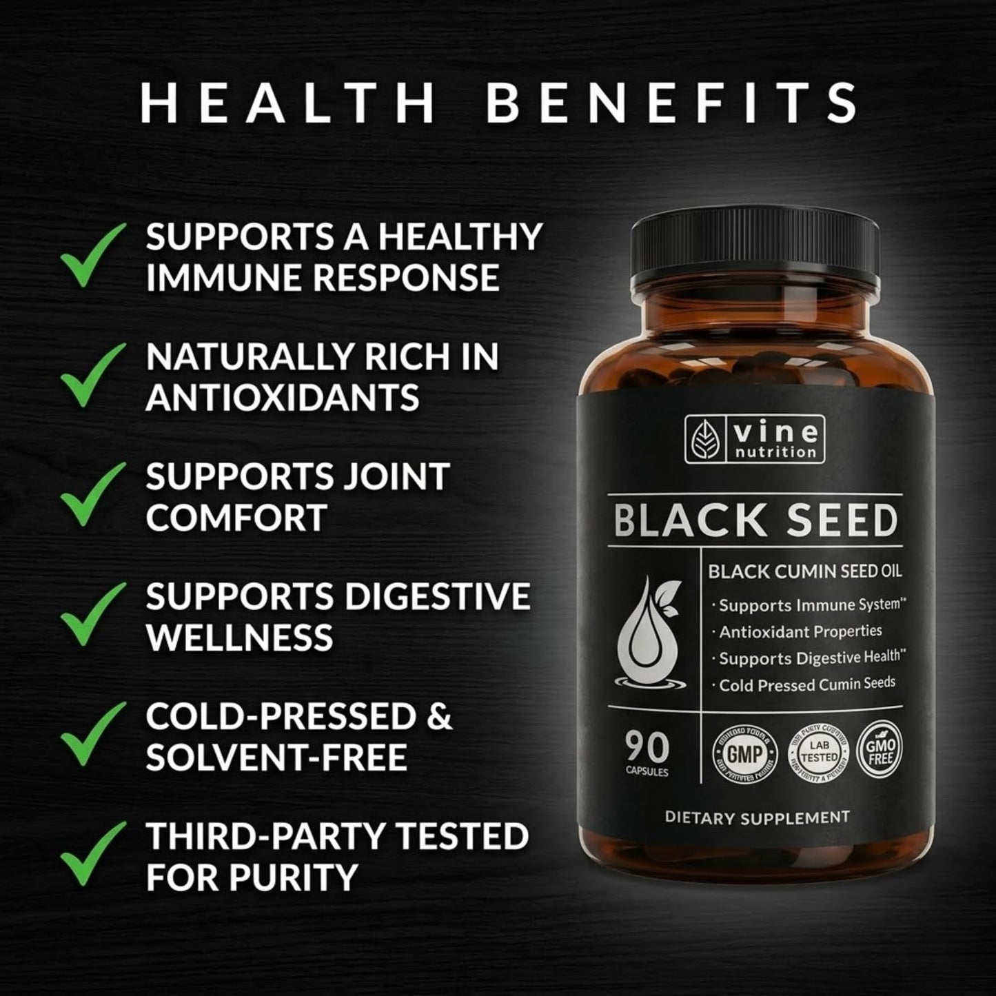 Vine Nutrition Black Seed Oil 500mg Cold-Pressed Nigella Sativa 90 Capsules