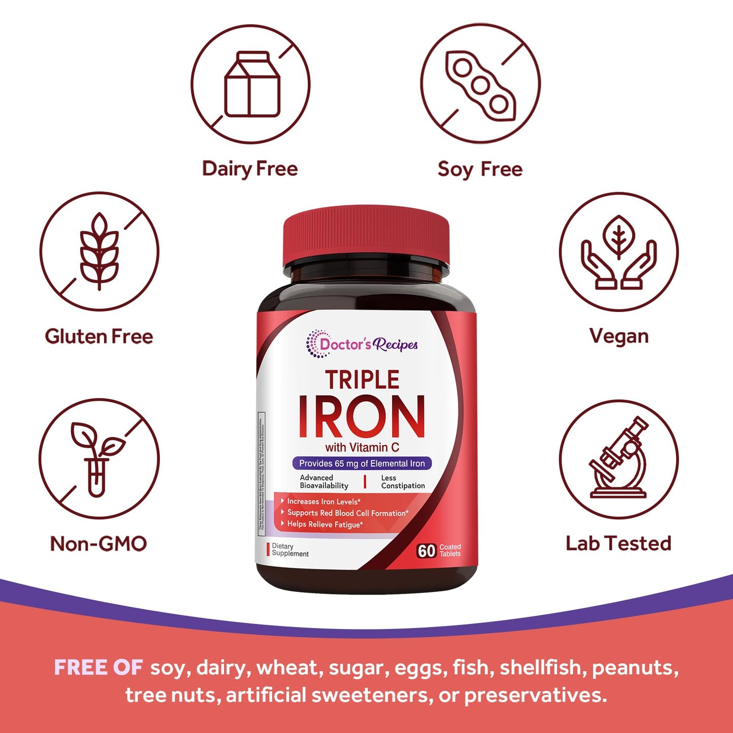 Doctor's Recipes Iron Supplement for Women & Men Tablets, 60 Count
