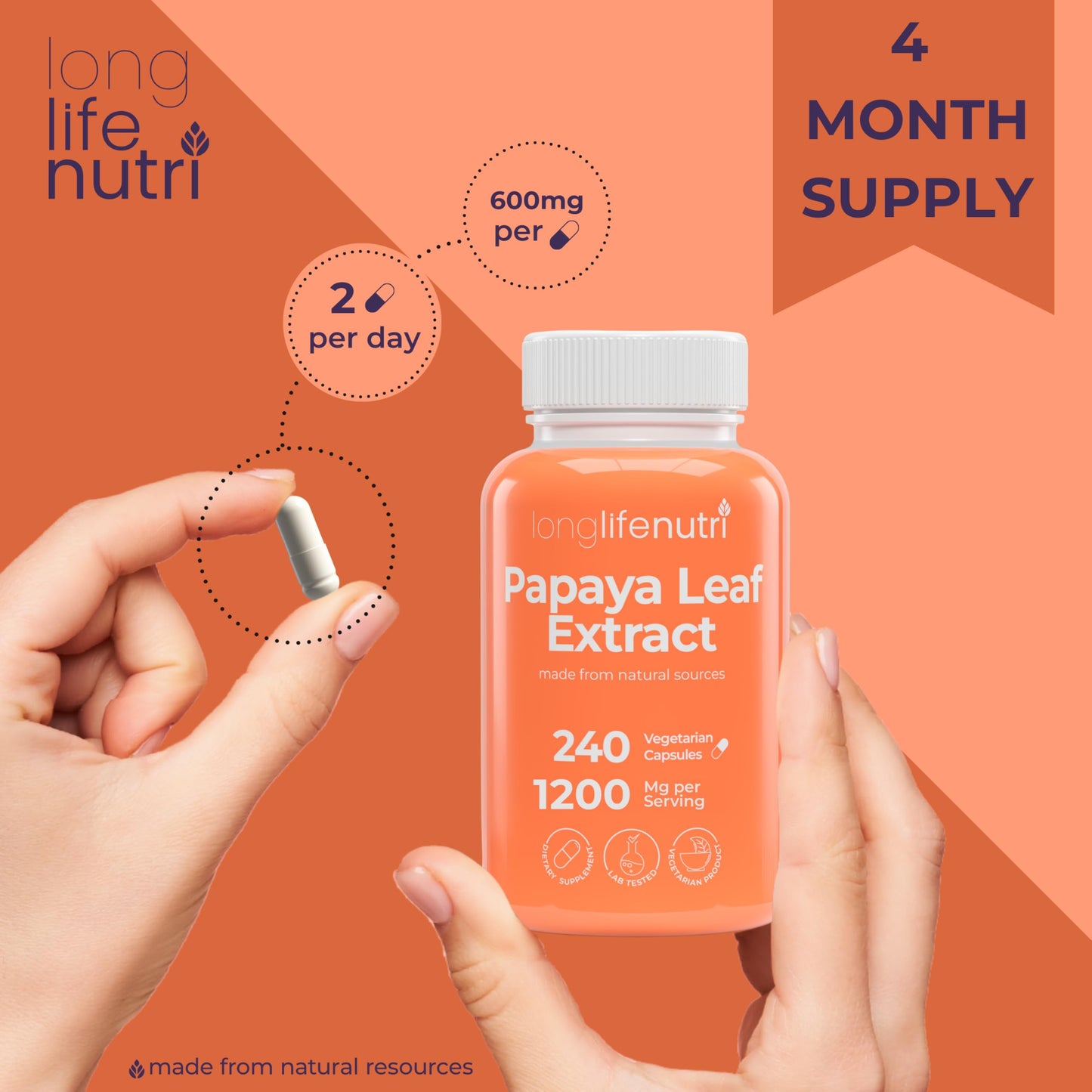 LongLifeNutri Papaya Leaf Extract Supplement 1,200mg per Serving Capsules 240