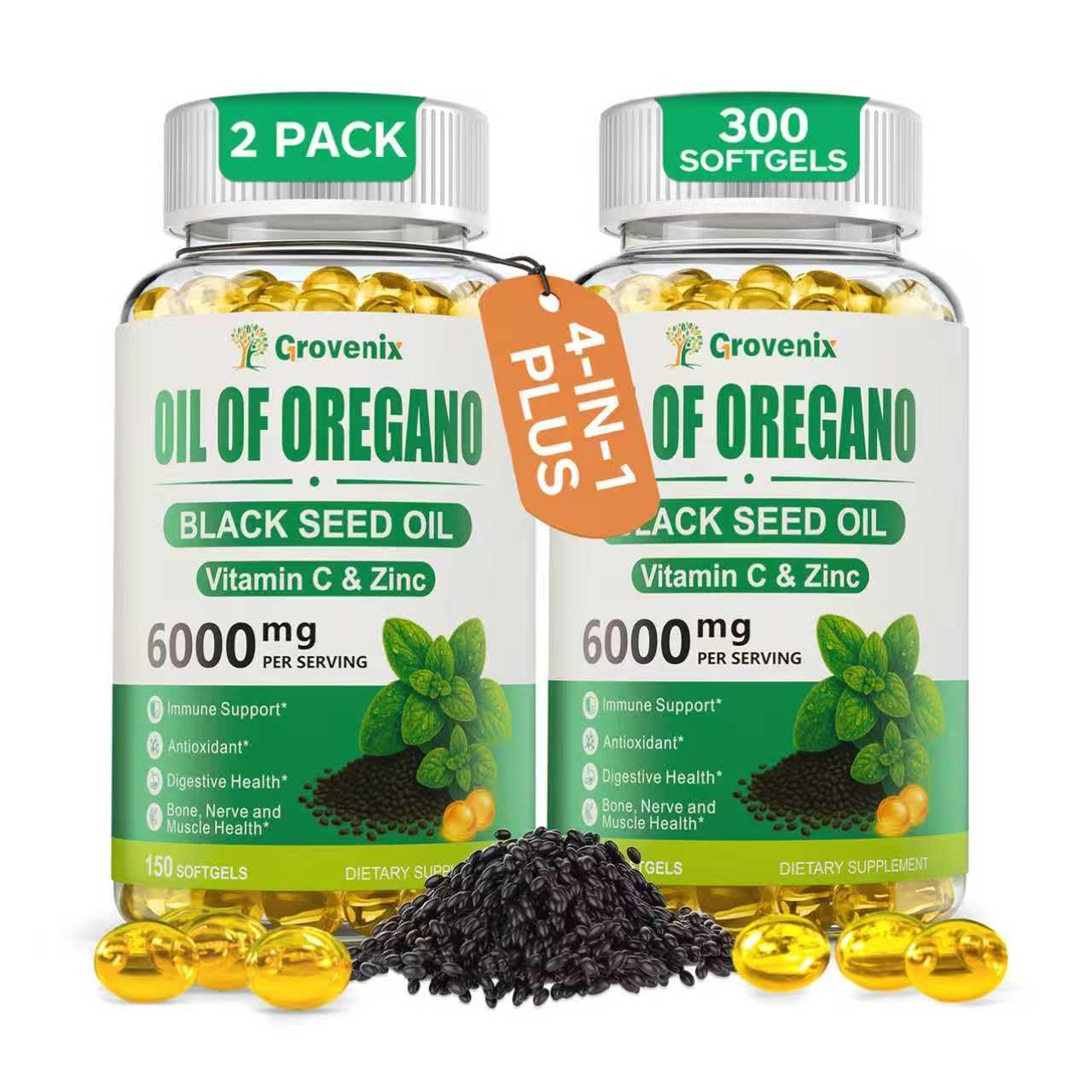 Grovenix Oil of Oregano with Black Seed Oil Softgels, 300 Count