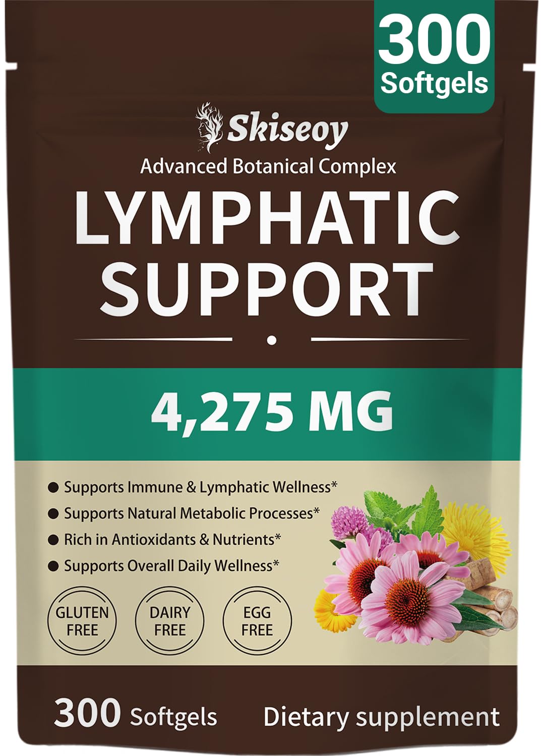 Skiseoy Lymphatic Drainage Supplements 4275mg Lymph System Support Herbal Blend with Echinacea, Dandelion & Burdock Root Softgel 300 Count