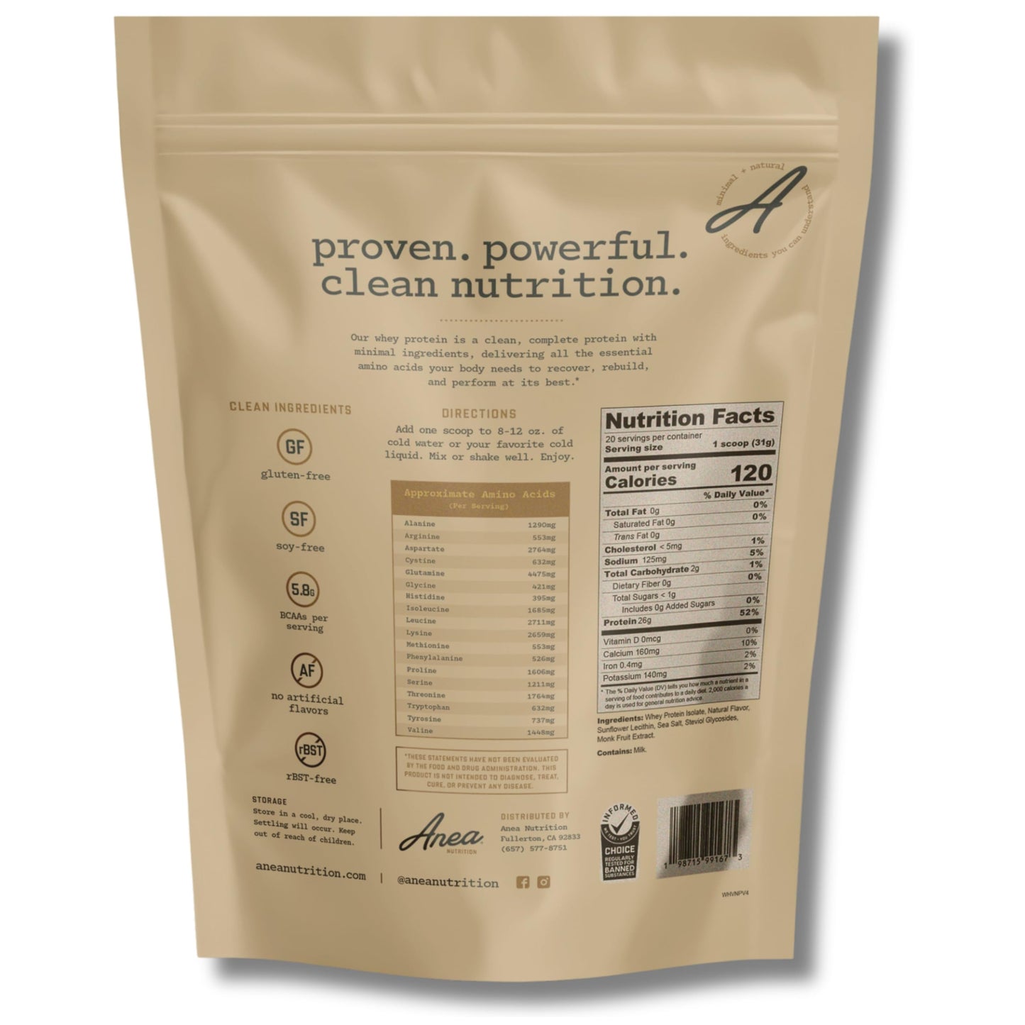 Anea Nutrition Whey Protein Isolate Vanilla Powder, 21.94 oz