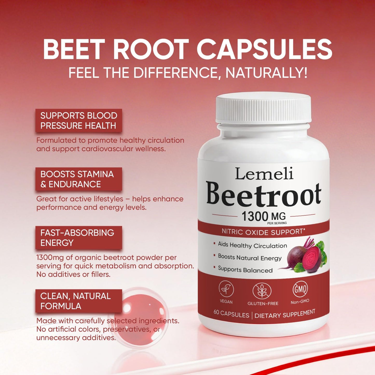Kunnozz Lemeli Beetroot Capsules 1300 mg Beet Root Powder Blend Per Serving, Vegan Non-GMO Gluten Free, 60 Capsules