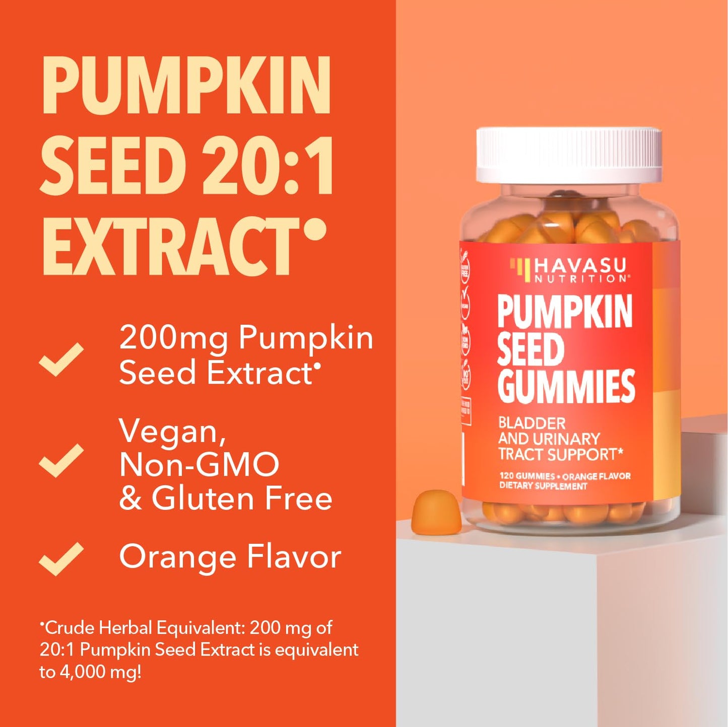 HAVASU NUTRITION Pumpkin Seed Oil Gummies for Bladder and Urinary Tract Support, 200mg Pumpkin Seed Extract per Serving, Vegan, Non-GMO, Gluten-Free, Sugar Free, Orange Flavor, 120 Gummies