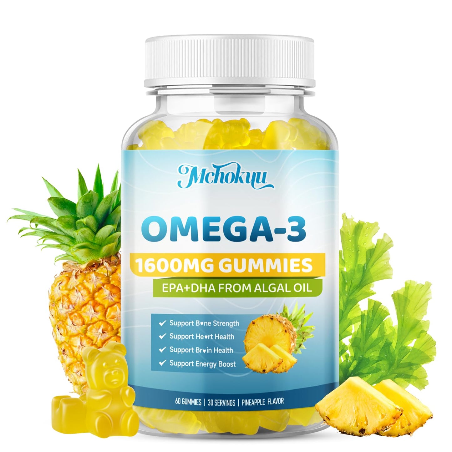Mchokuu Vegan Omega-3 Gummies 1600mg EPA & DHA from Algal Oil, 60 Count