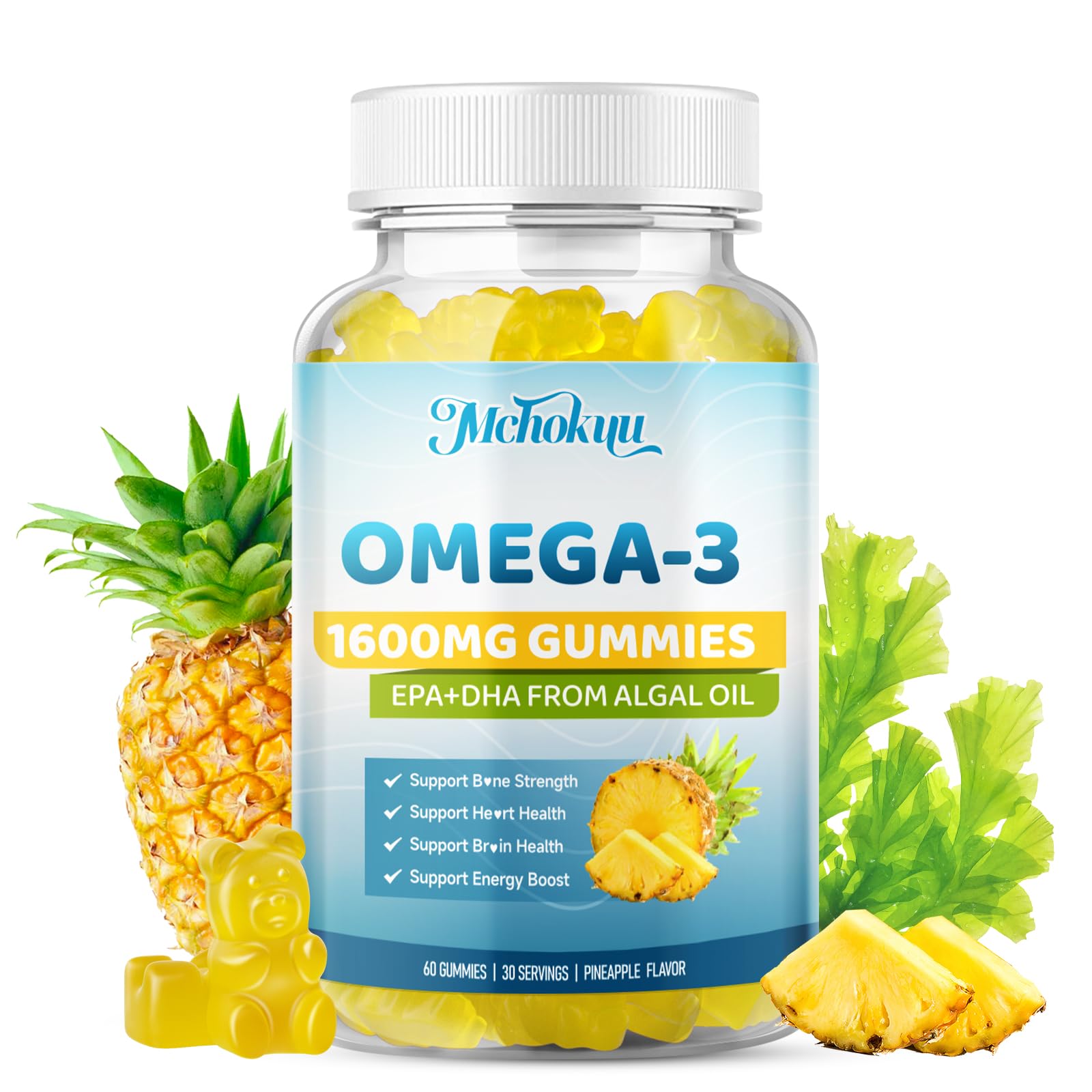 Mchokuu Vegan Omega-3 Gummies 1600mg EPA & DHA from Algal Oil, Fish Oil Alternative for Adults & Kids, Omega-3 with Vitamin D3 & K2 for Brain, Eye & Immune Health, Sugar Free Pineapple, 60 Gummies