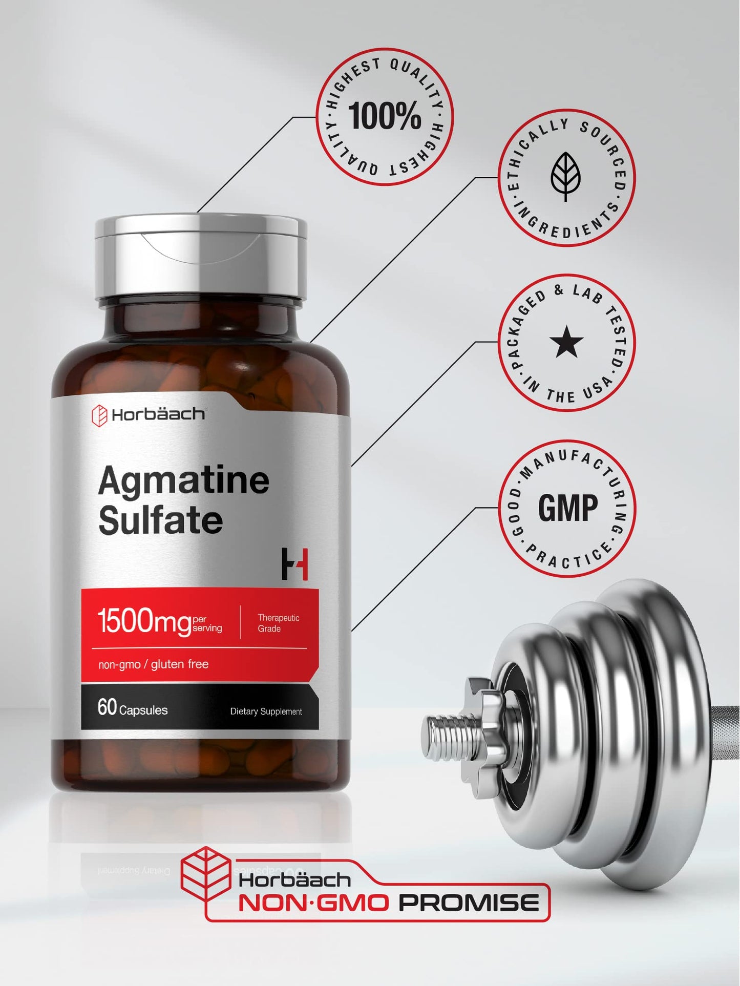 Horbäach Agmatine Sulfate Capsules 1500mg, 60 Count