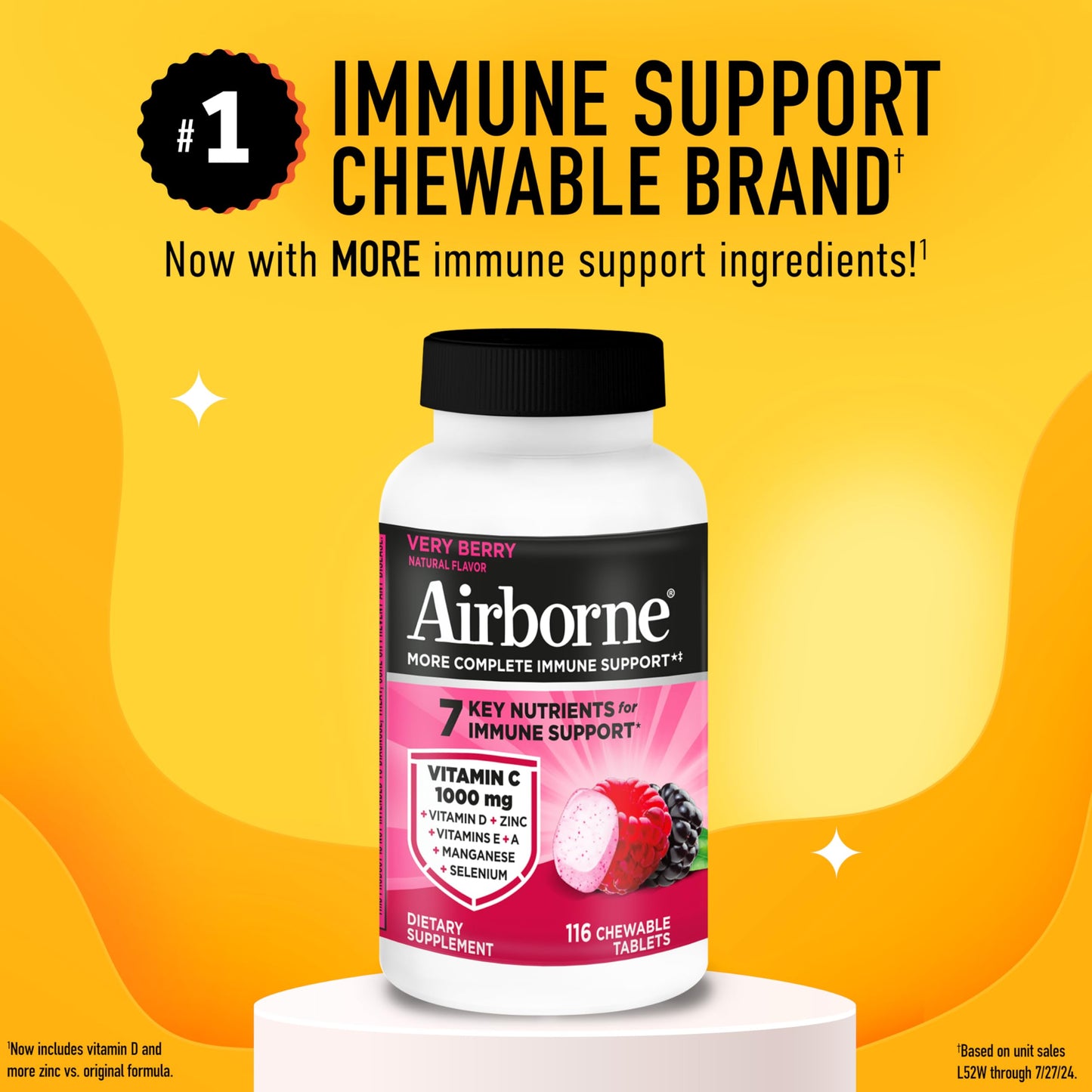 Airborne 1000mg Vitamin C + Zinc Immune Support Chewable Tablets, Berry Flavor, 116 Count