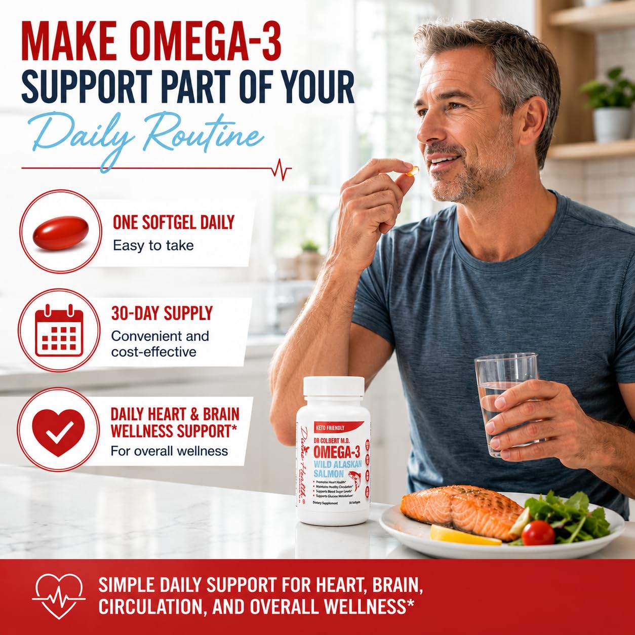 Divine Health Wild Alaskan Salmon Omega-3 1000mg Salmon Oil DHA & EPA Capsules, 30 Count