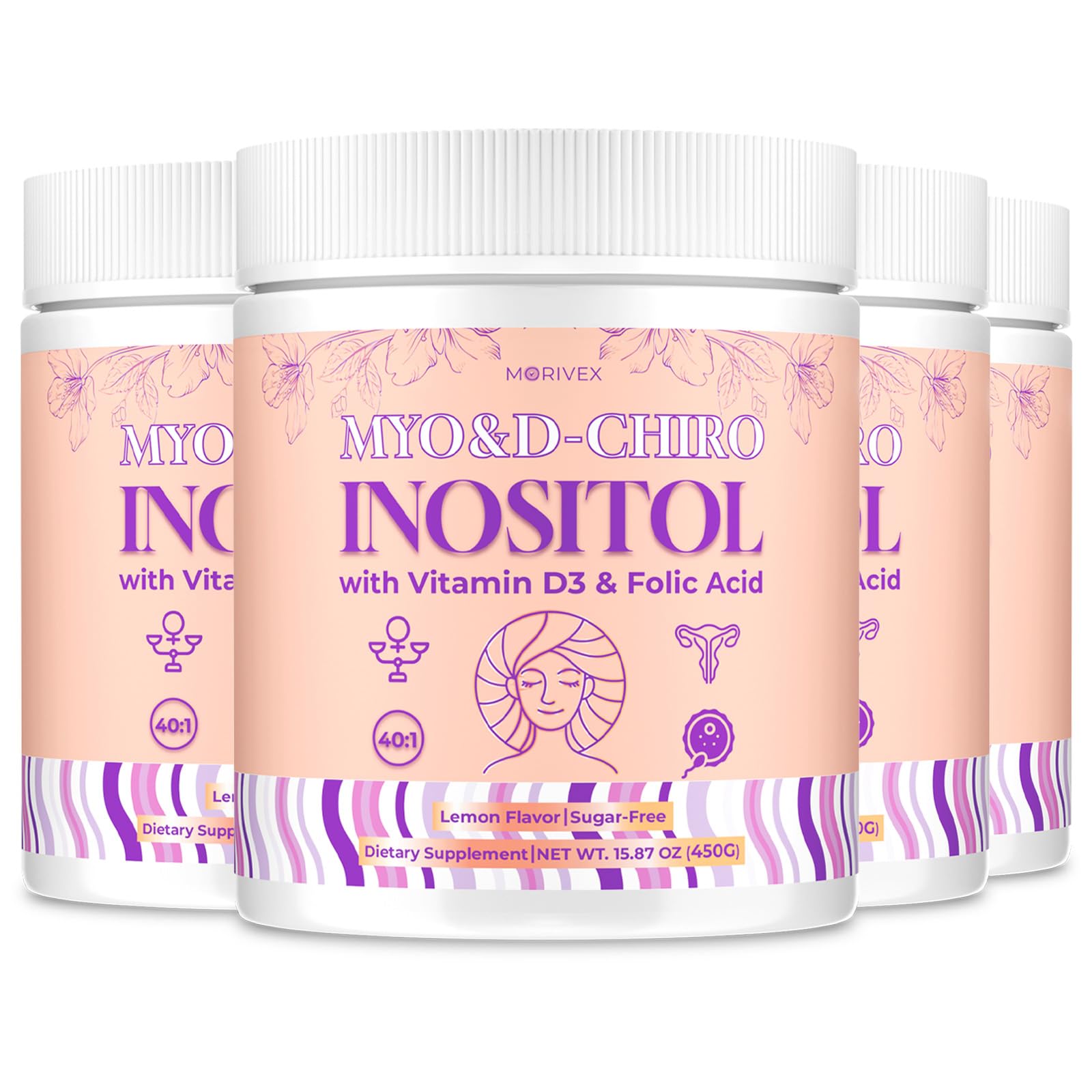 Morivex Myo-Inositol & D-Chiro Inositol Powder, 15.8733 oz total, 4-Pack, with Folic Acid & Vitamin