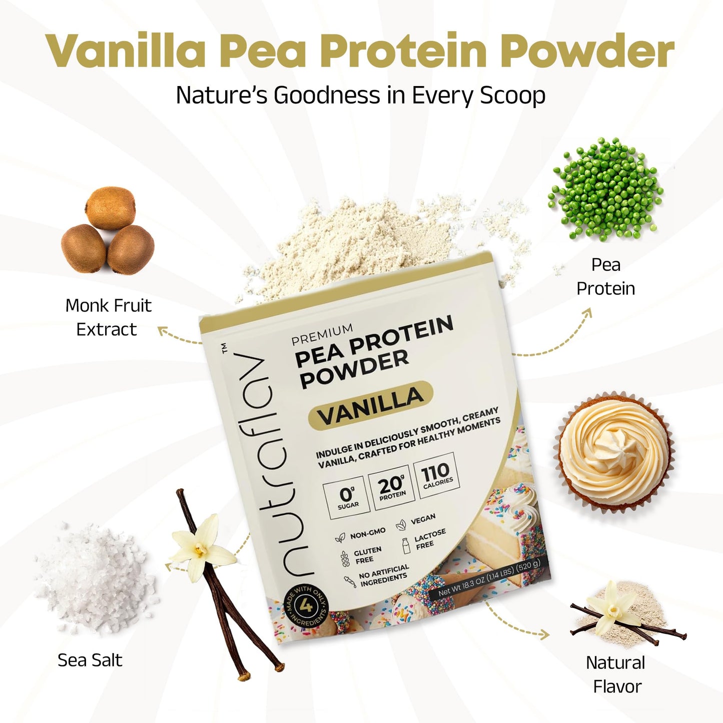 Nutraflav Vanilla Vegan Pea Protein Powder, 18.3 Servings