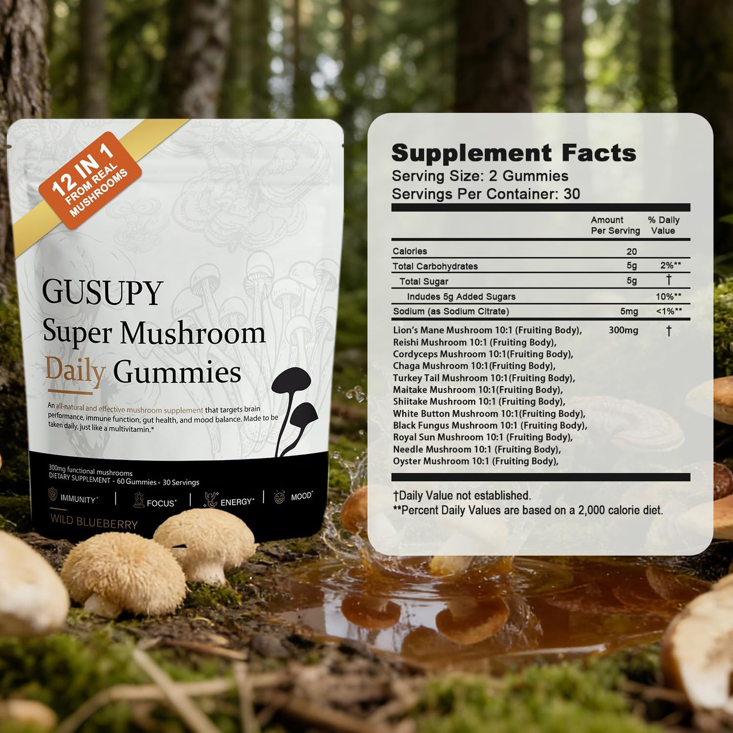 GUSUPY Lions Mane Mushroom Supplement Gummies, 60 Gummies