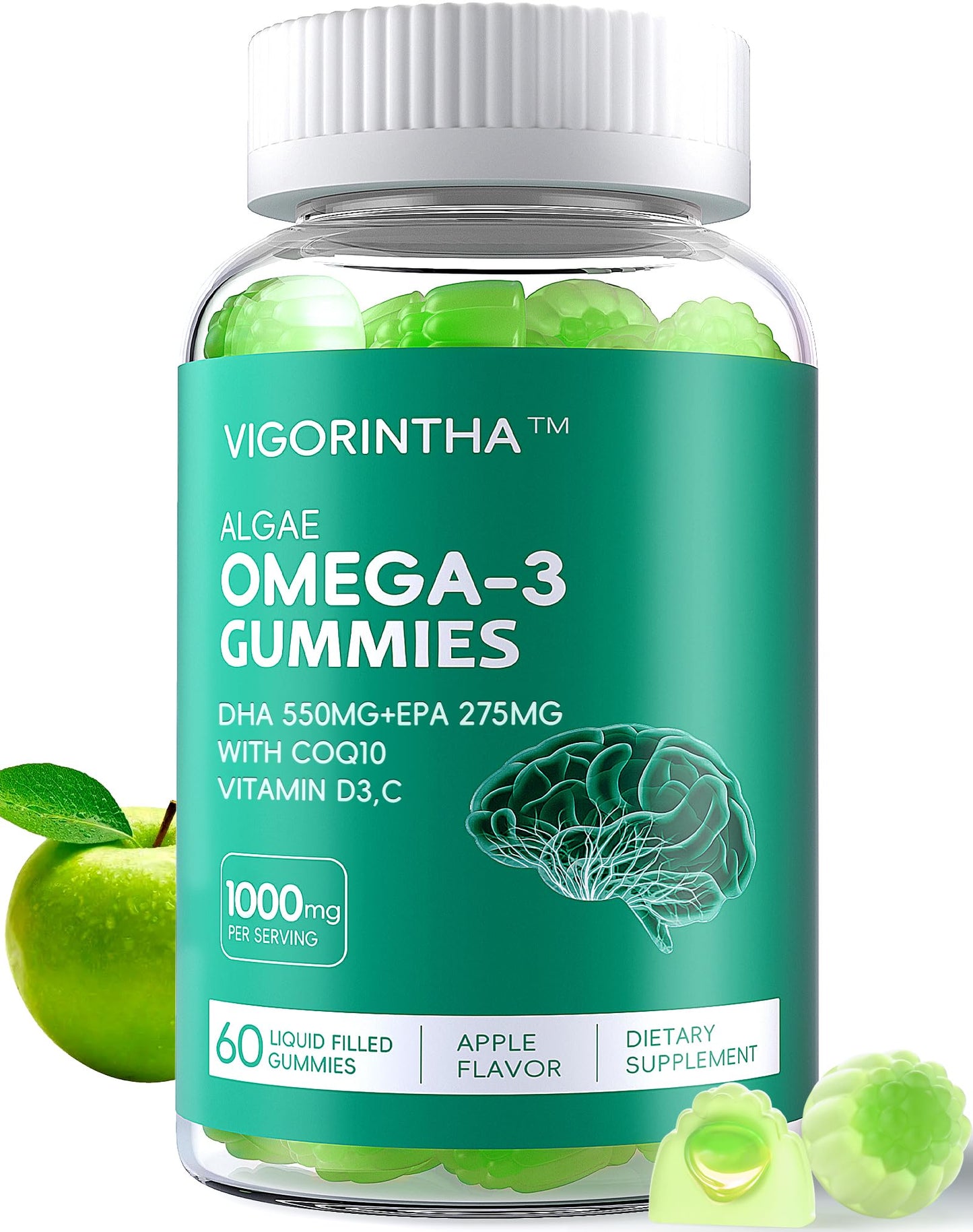 Vigorintha Vegan Omega-3 Gummies 1000mg with CoQ10, Vitamin D3, E, C, Plant-Based DHA 550mg & EPA 275mg, Sugar Free, 60 Gummies
