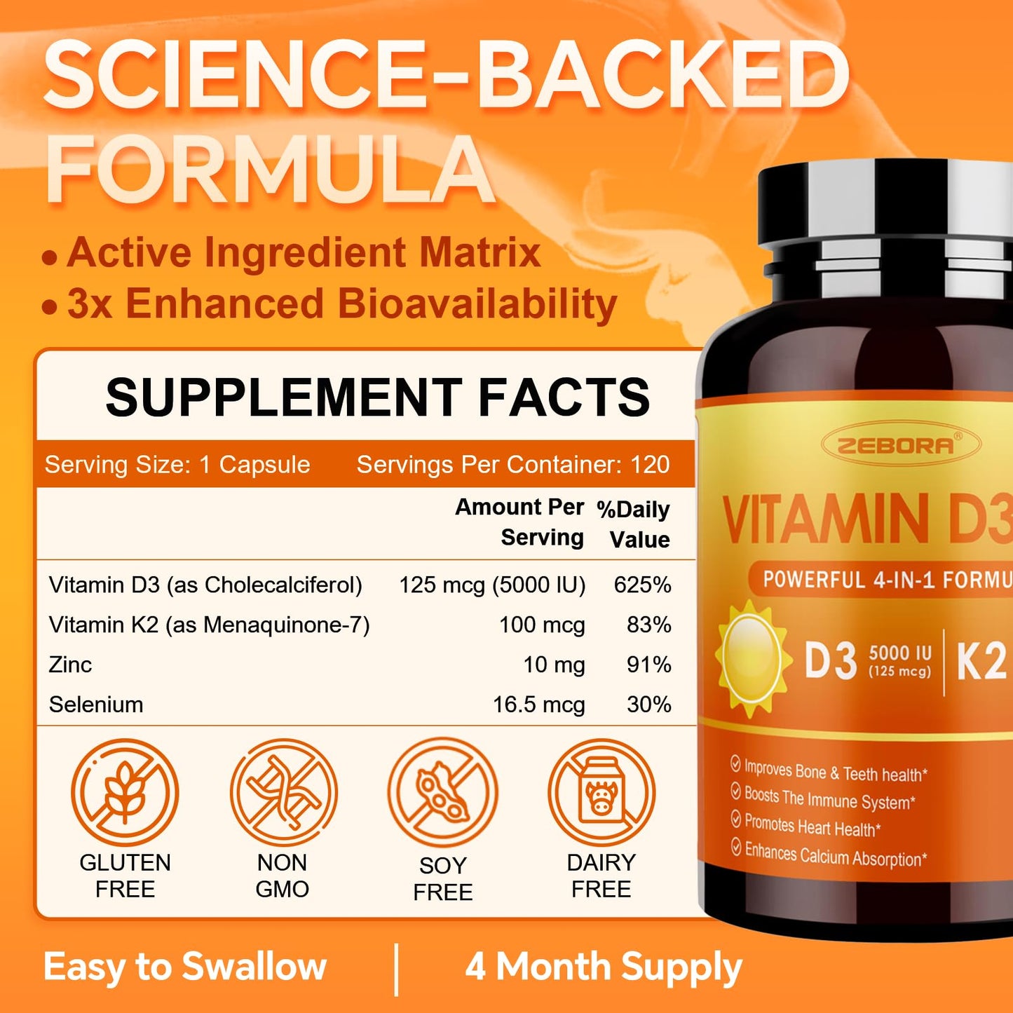 ZEBORA Vitamin D3+K2-5000 IU Vitamin D3 + 100 mcg K2 MK-7 Capsules, 120 Count