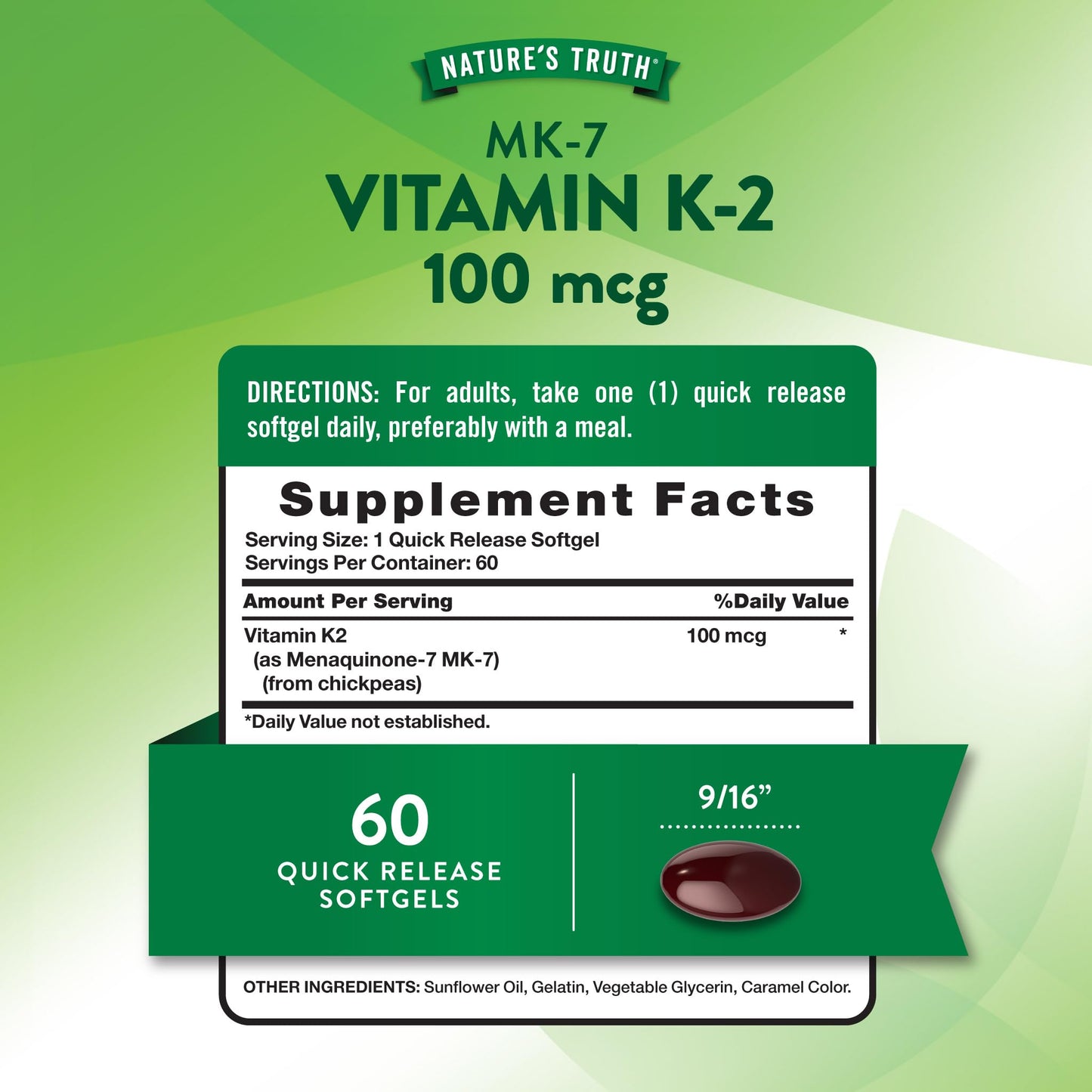 Nature's Truth Vitamin K2 MK-7 100 mcg Softgels, 60 Count