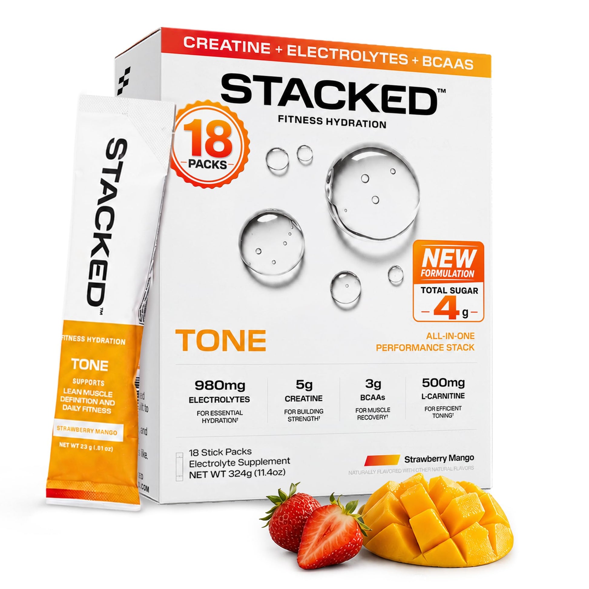 STACKED FITNESS HYDRATION Creatine + Electrolyte Mix for Strength, Hydration & Recovery Powder, 18 Pack
