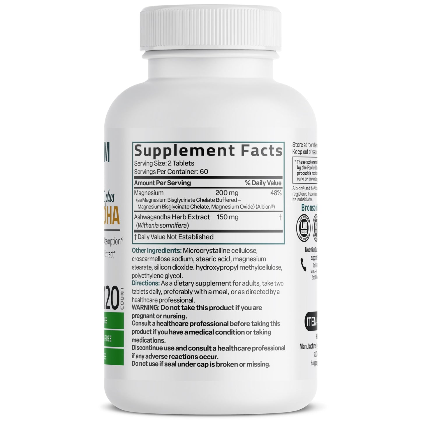 Bronson Magnesium Glycinate Plus Ashwagandha Dietary Supplement Tablet 120 Count
