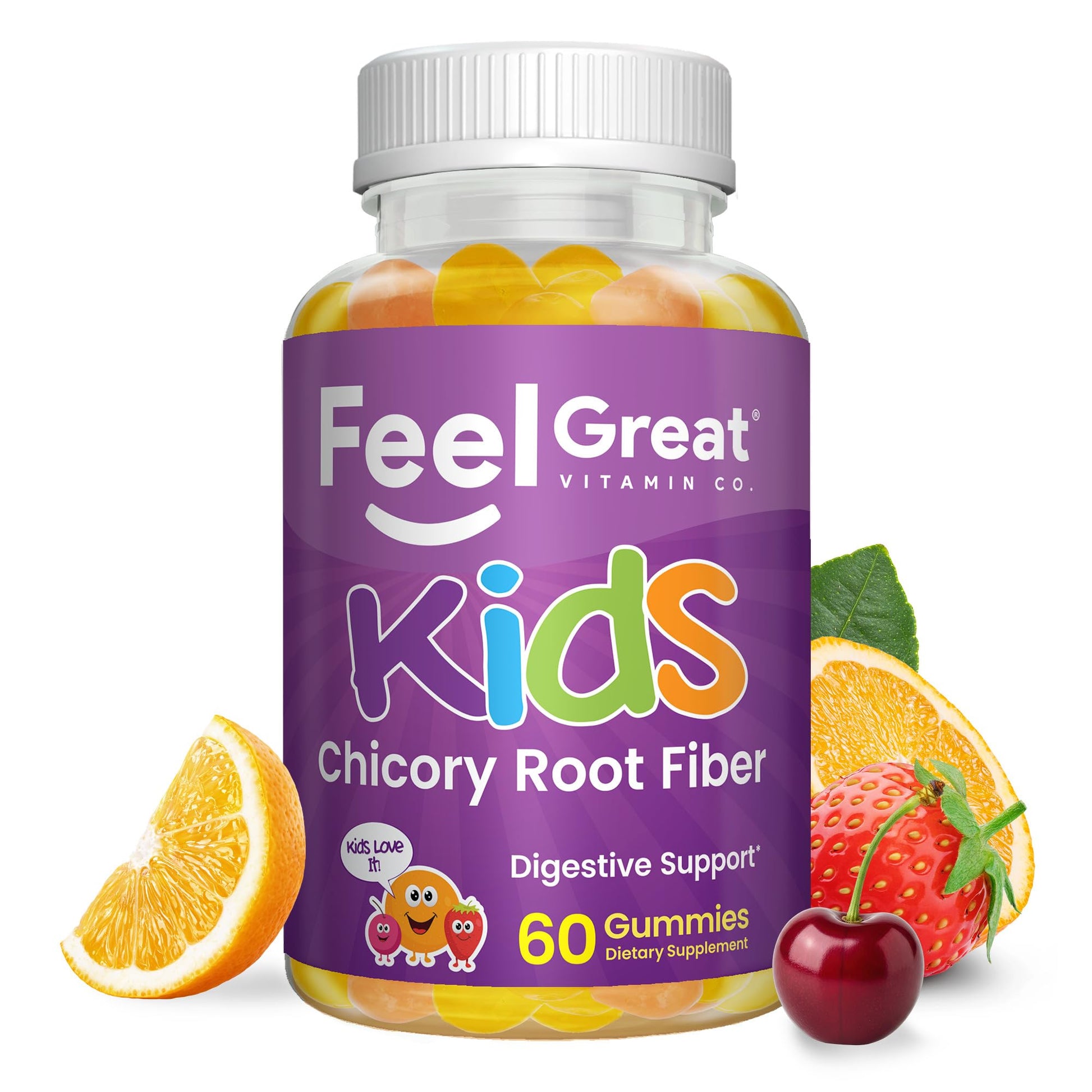 The Feel Great Vitamin Company Fiber Gummies for Kids Digestive Support and Constipation Relief, Fruity Flavored Chewable, Vegetarian Supplements, 60 Count