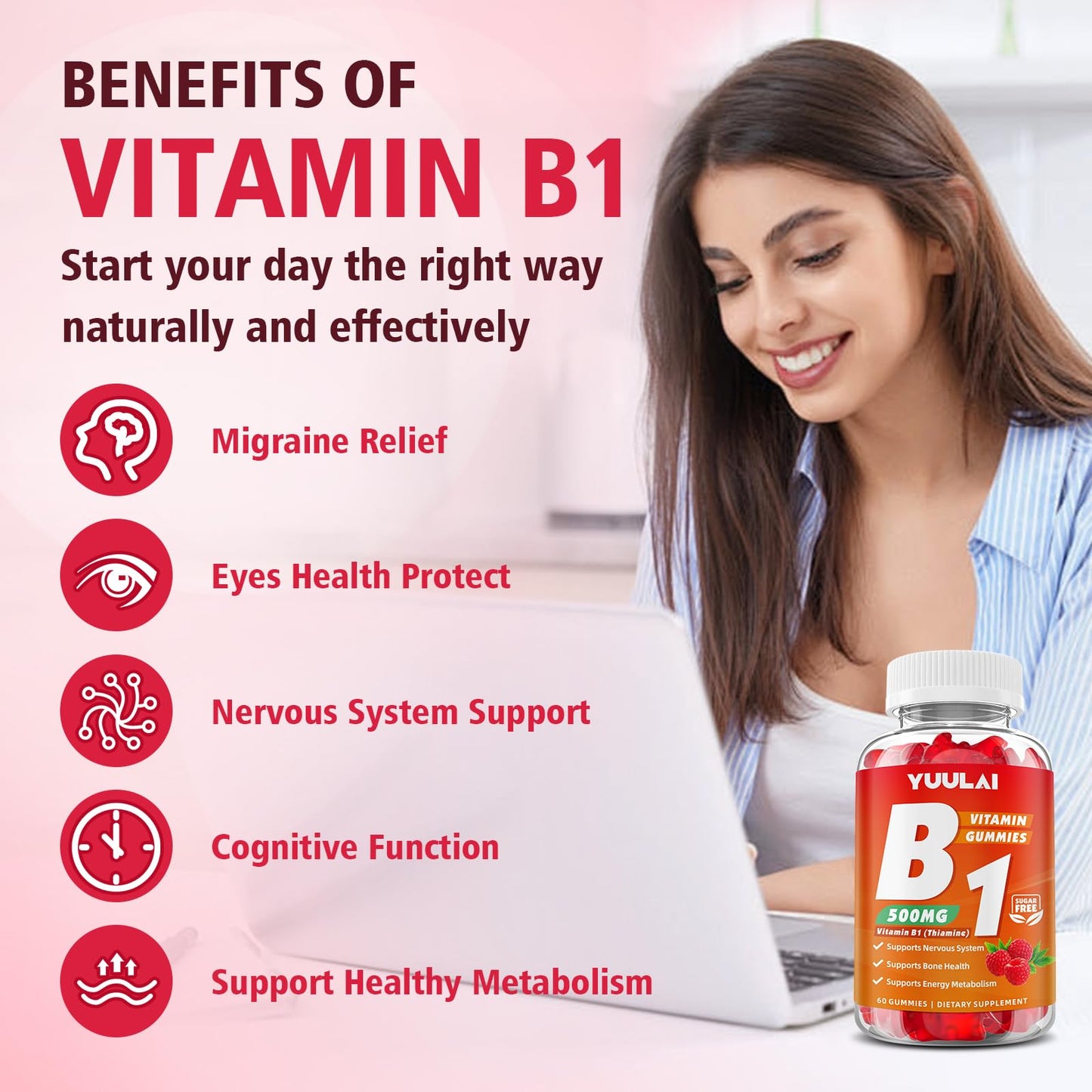 YUULAI Vitamin B1 Gummies 500mg, 120 Count
