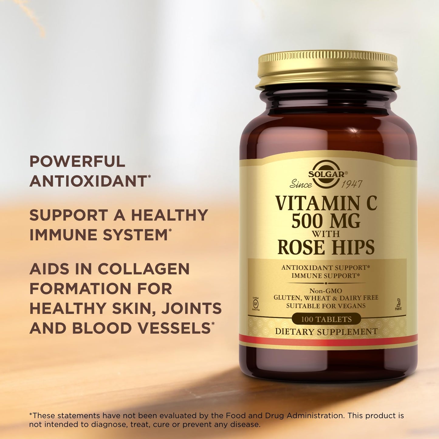 Solgar Vitamin C 500 Mg with Rose Hips Tablets, 100 Count